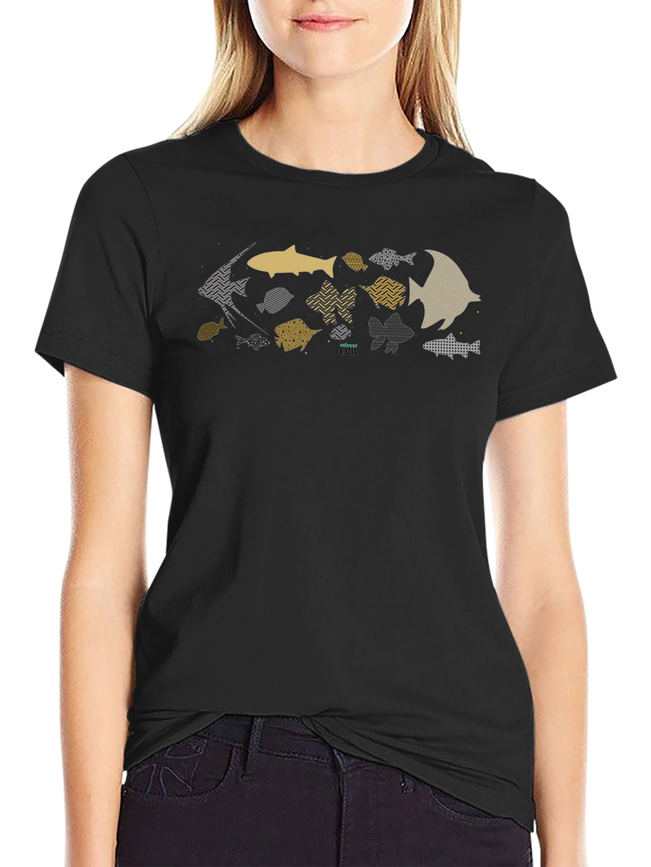 Trendy Fish Pattern Black T-Shirt