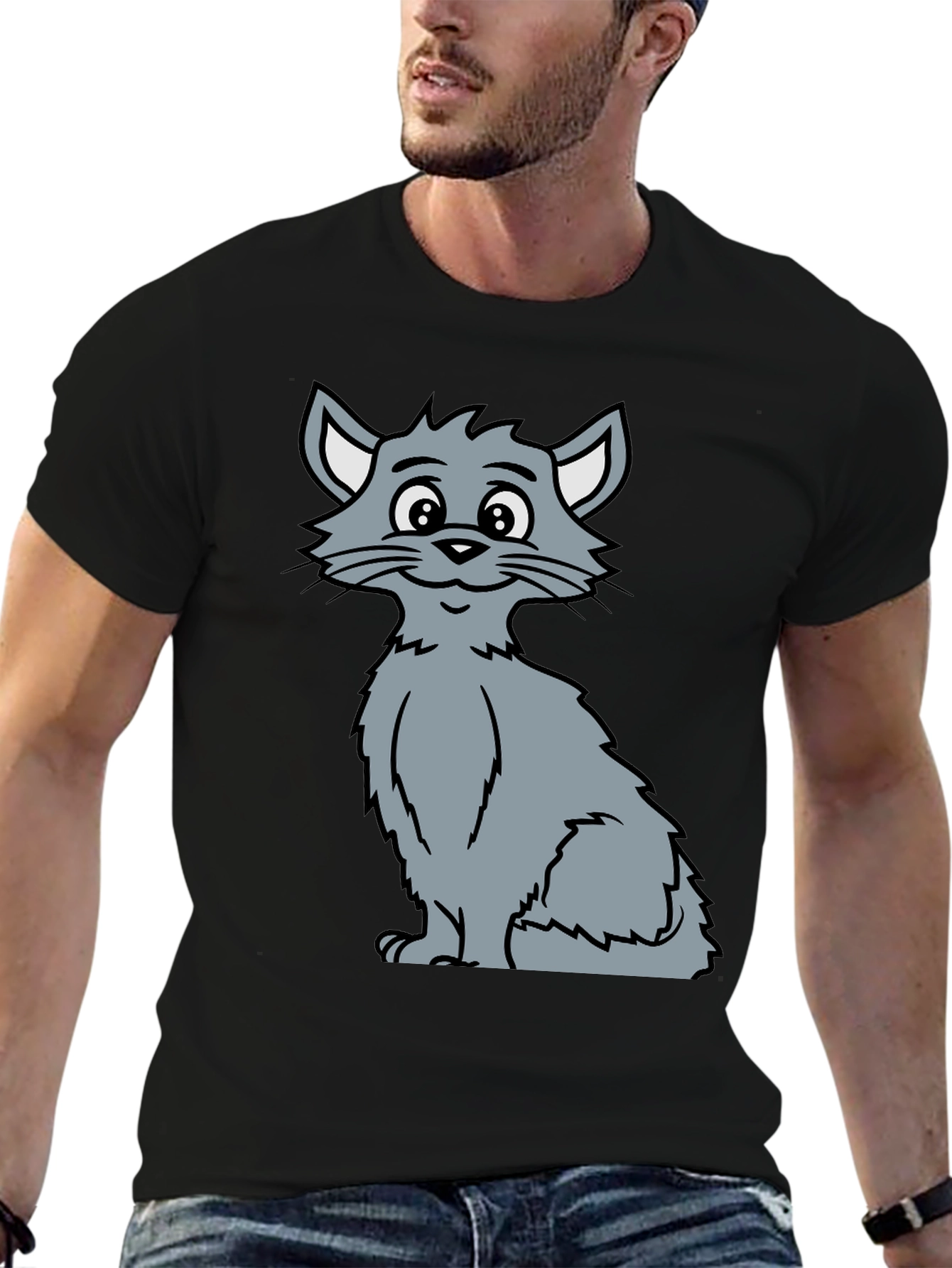 Cat Graphic Tee - Black Cotton T-Shirt