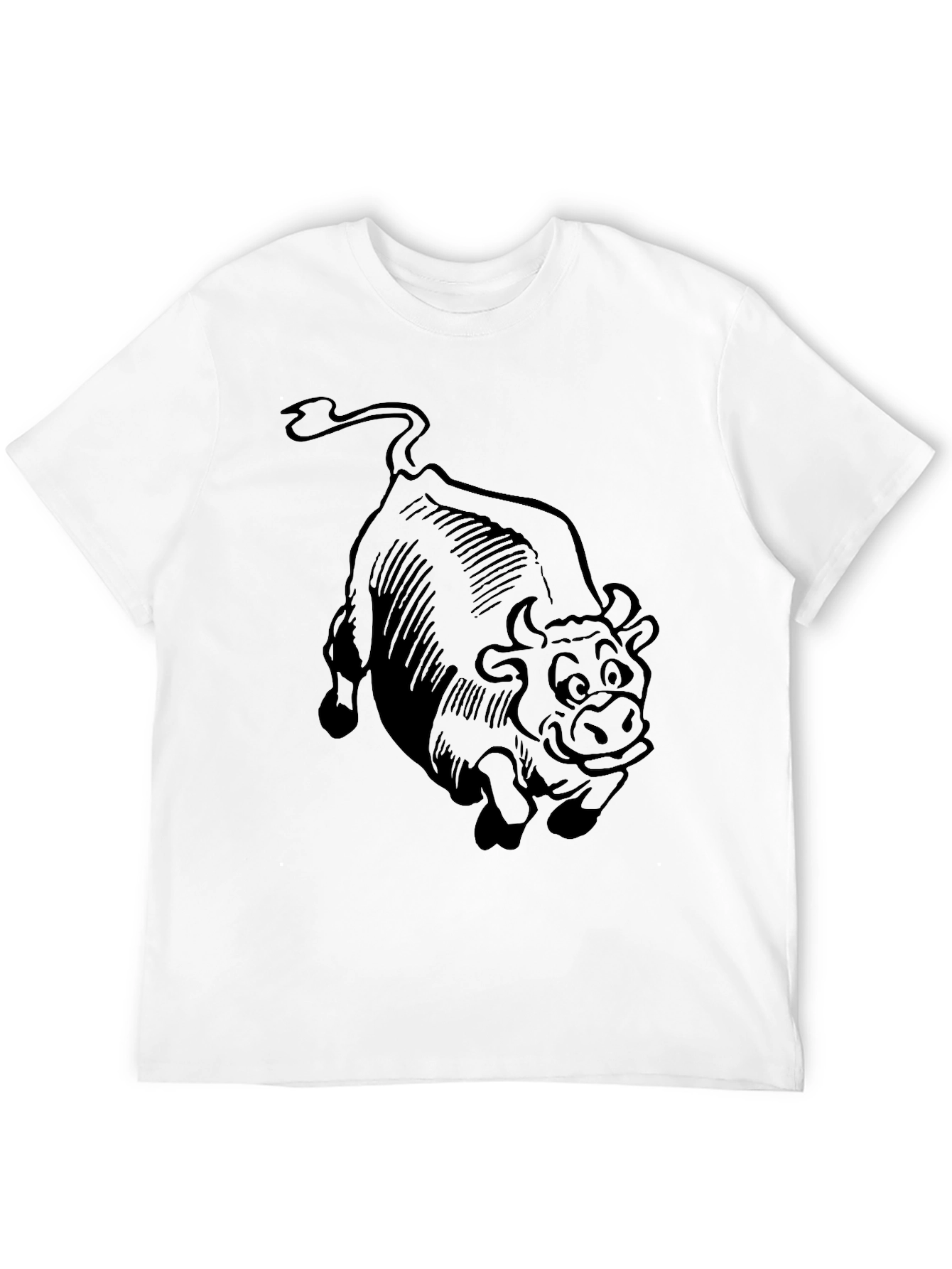 Cartoon Bull Graphic Tee - Black Cotton T-Shirt