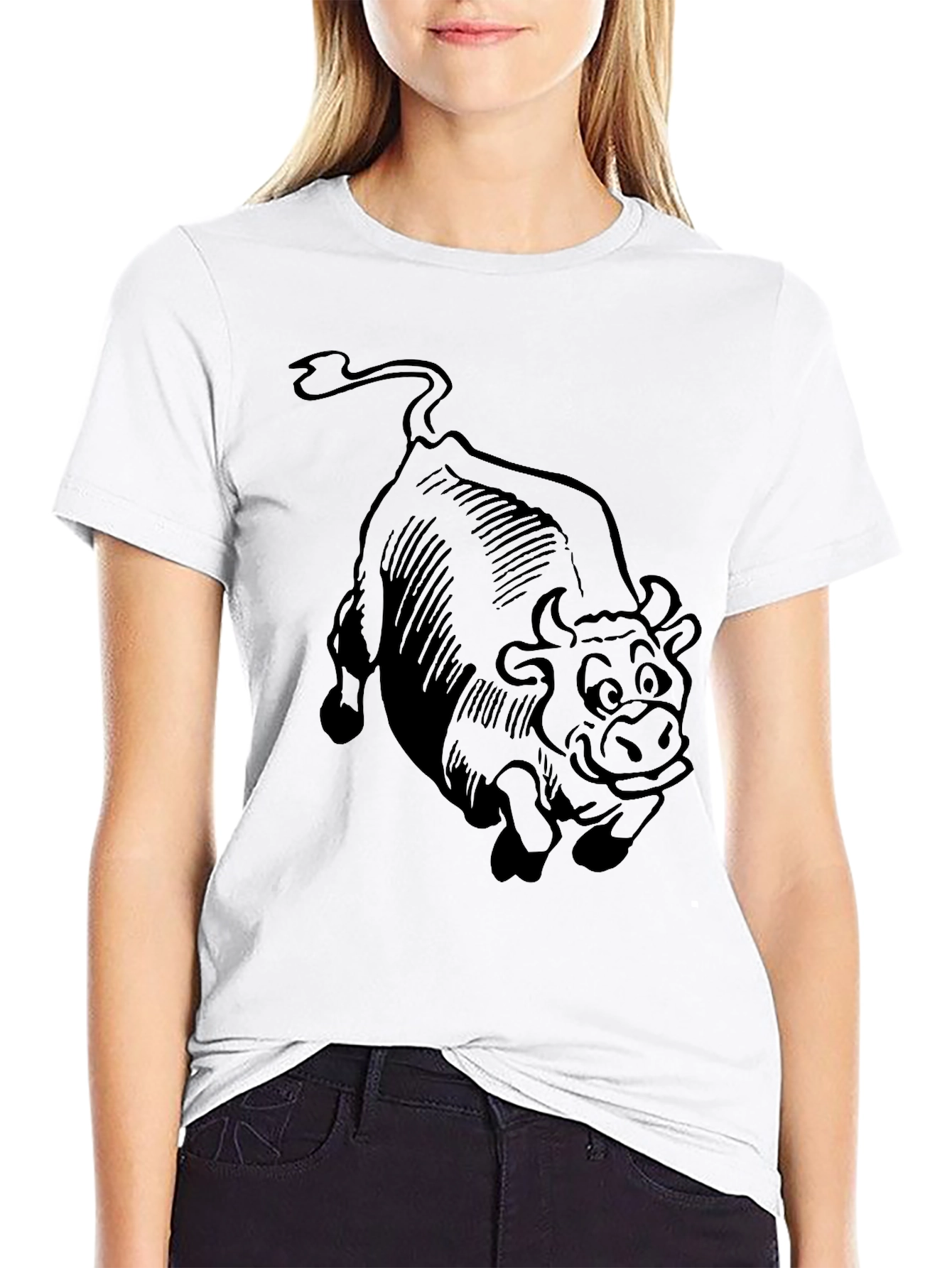 Cartoon Bull Graphic Tee - Black Cotton T-Shirt