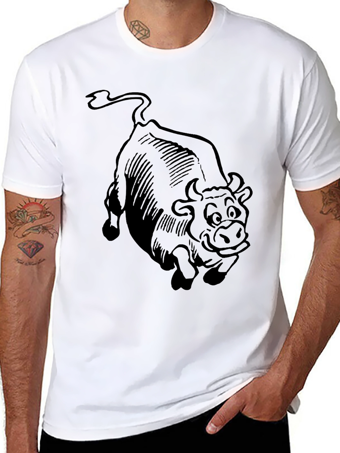 Cartoon Bull Graphic Tee - Black Cotton T-Shirt