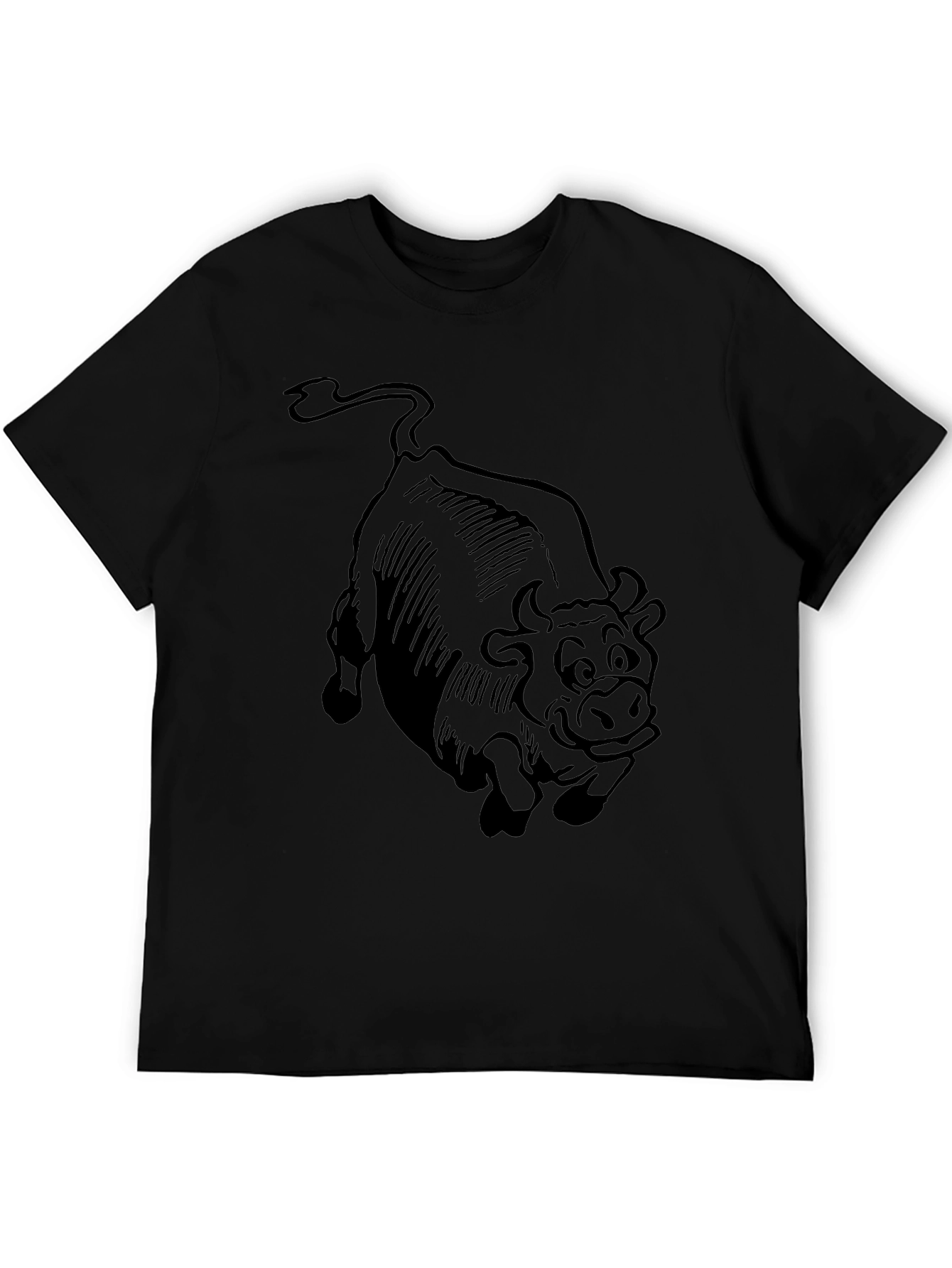 Cartoon Bull Graphic Tee - Black Cotton T-Shirt