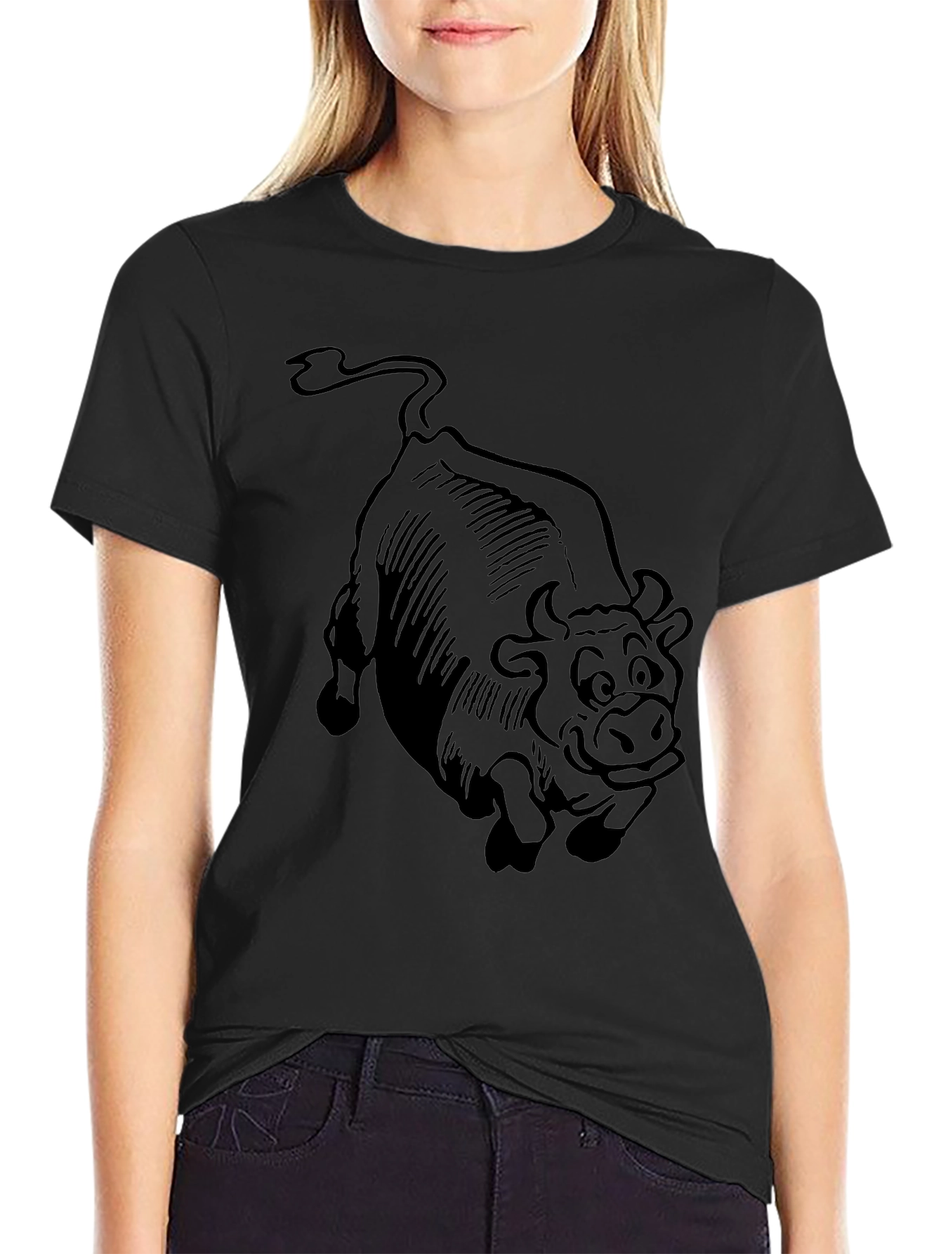 Cartoon Bull Graphic Tee - Black Cotton T-Shirt