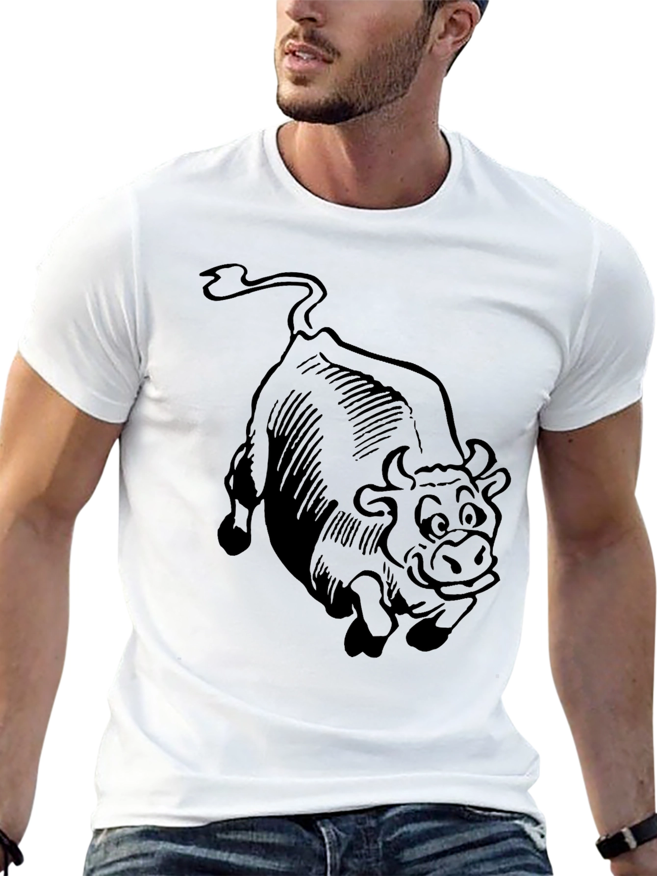 Cartoon Bull Graphic Tee - Black Cotton T-Shirt