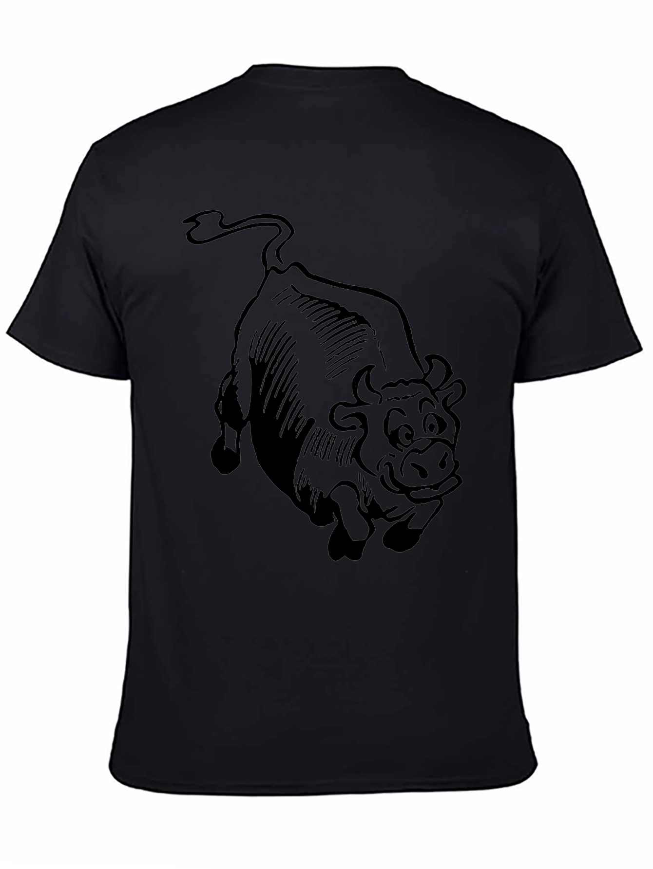 Cartoon Bull Graphic Tee - Black Cotton T-Shirt