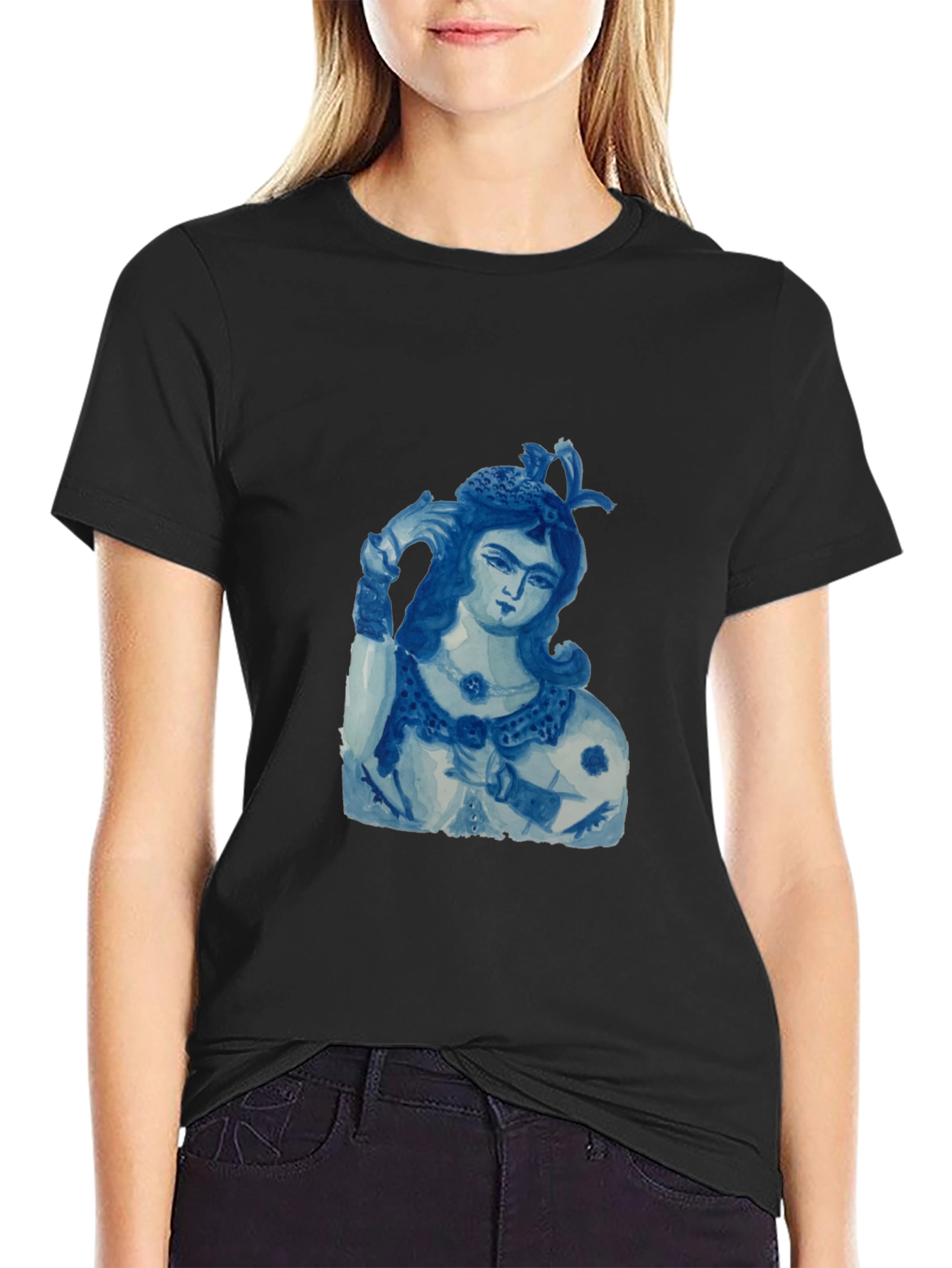 Blue China Lady Graphic Tee - Soft Black Cotton