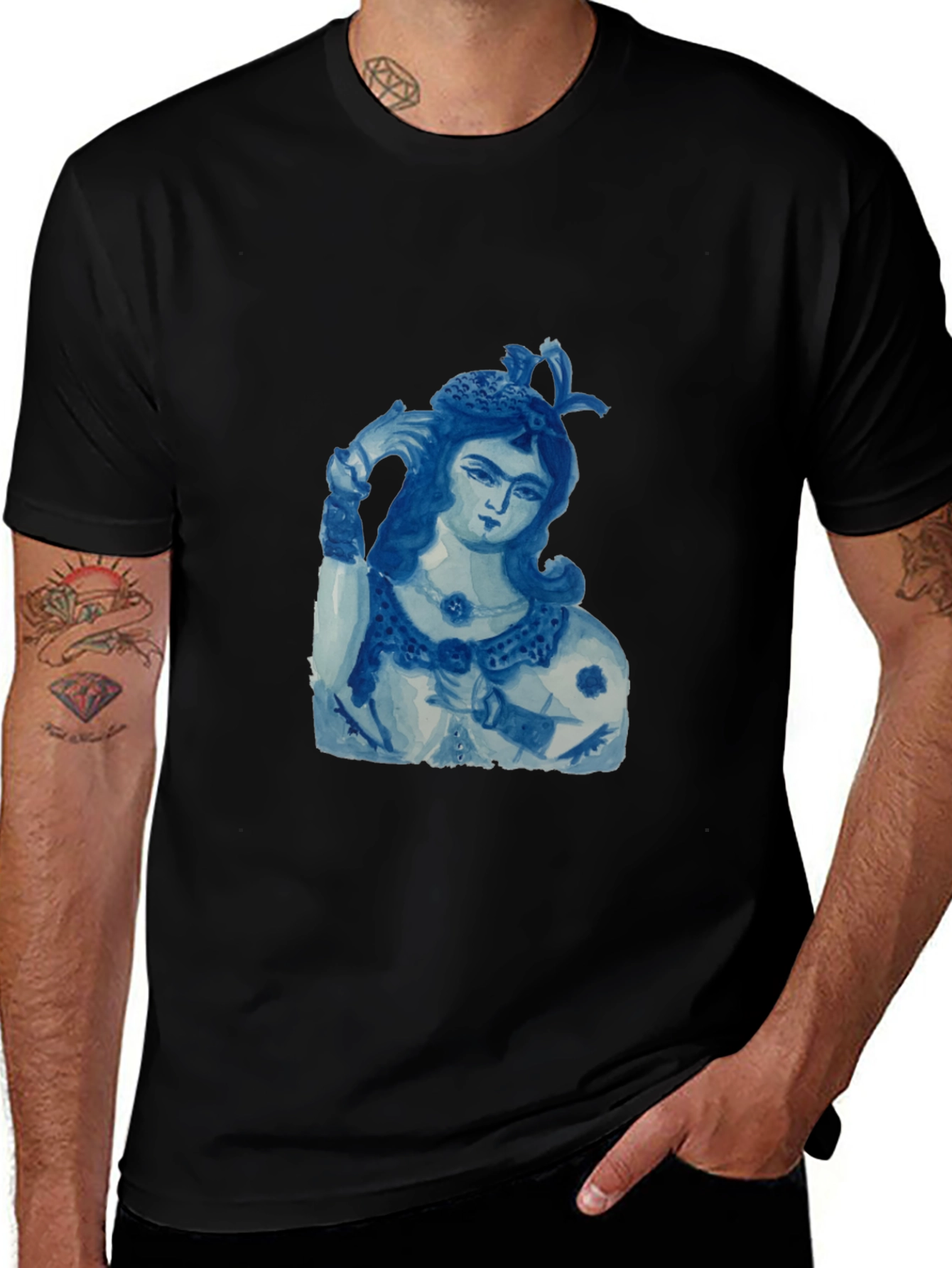 Blue China Lady Graphic Tee - Soft Black Cotton