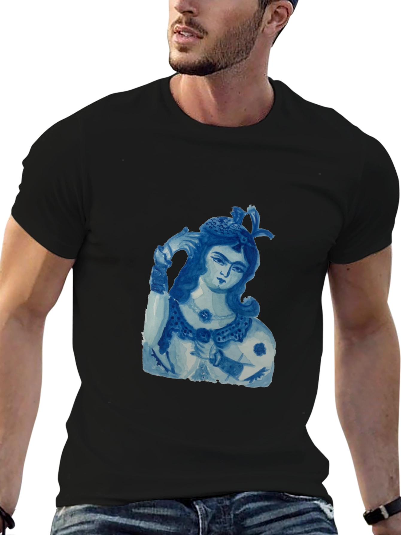 Blue China Lady Graphic Tee - Soft Black Cotton
