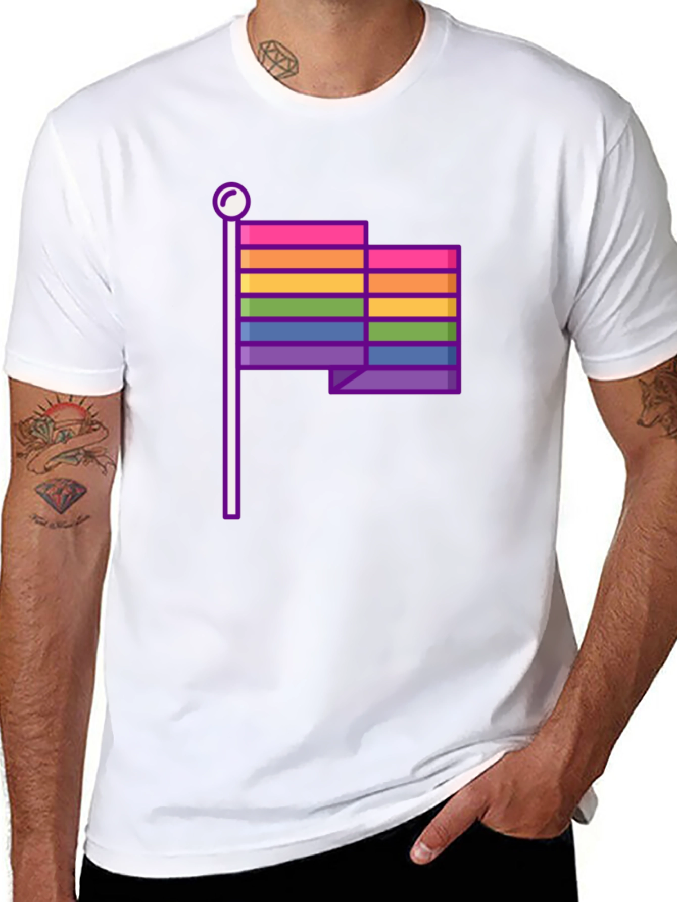 Pride Flag Graphic Tee - Black Cotton Casual T-Shirt