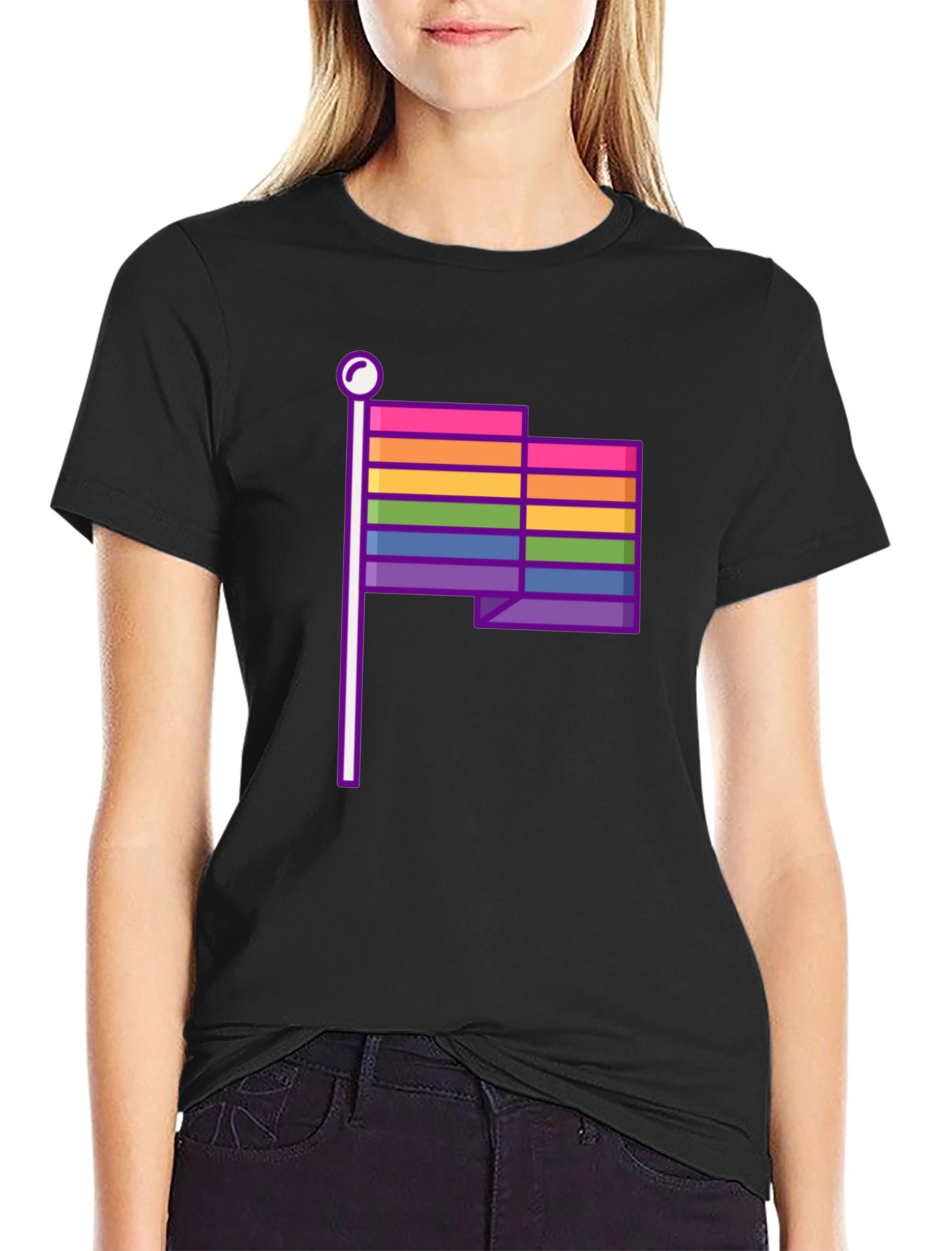 Pride Flag Graphic Tee - Black Cotton Casual T-Shirt