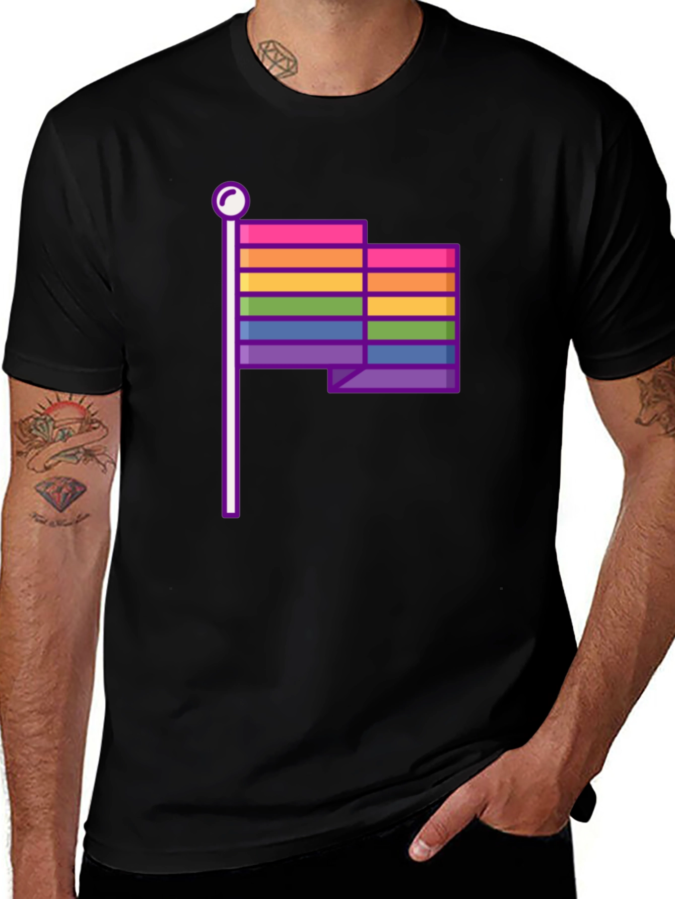 Pride Flag Graphic Tee - Black Cotton Casual T-Shirt