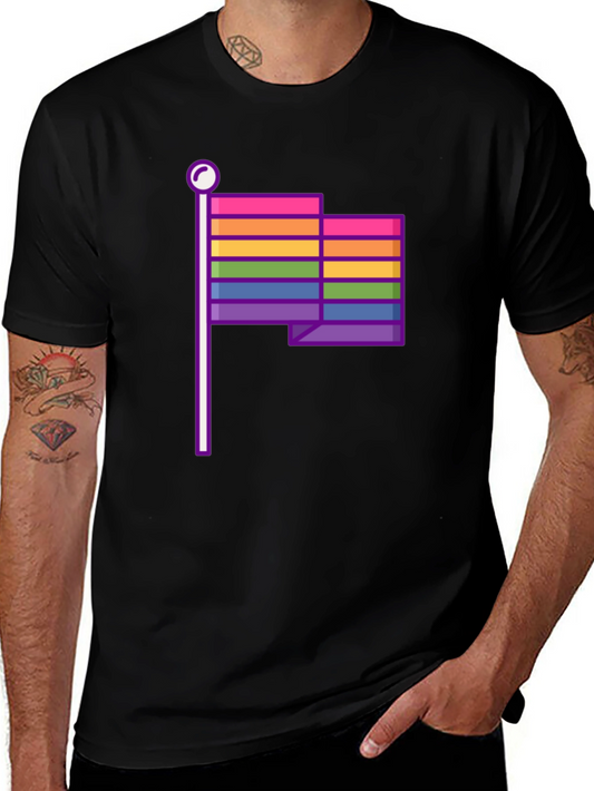 Pride Flag Graphic Tee - Black Cotton Casual T-Shirt