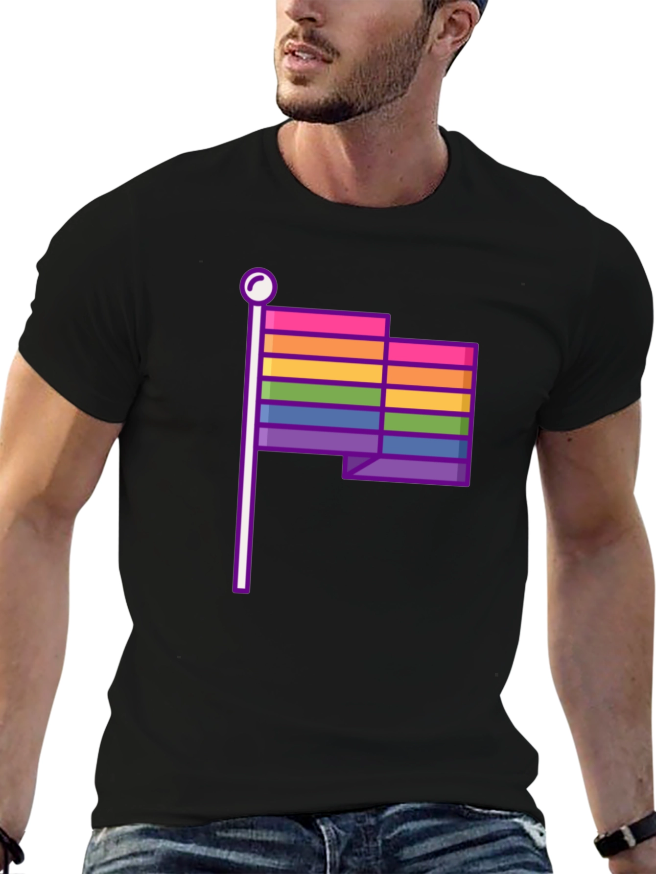 Pride Flag Graphic Tee - Black Cotton Casual T-Shirt