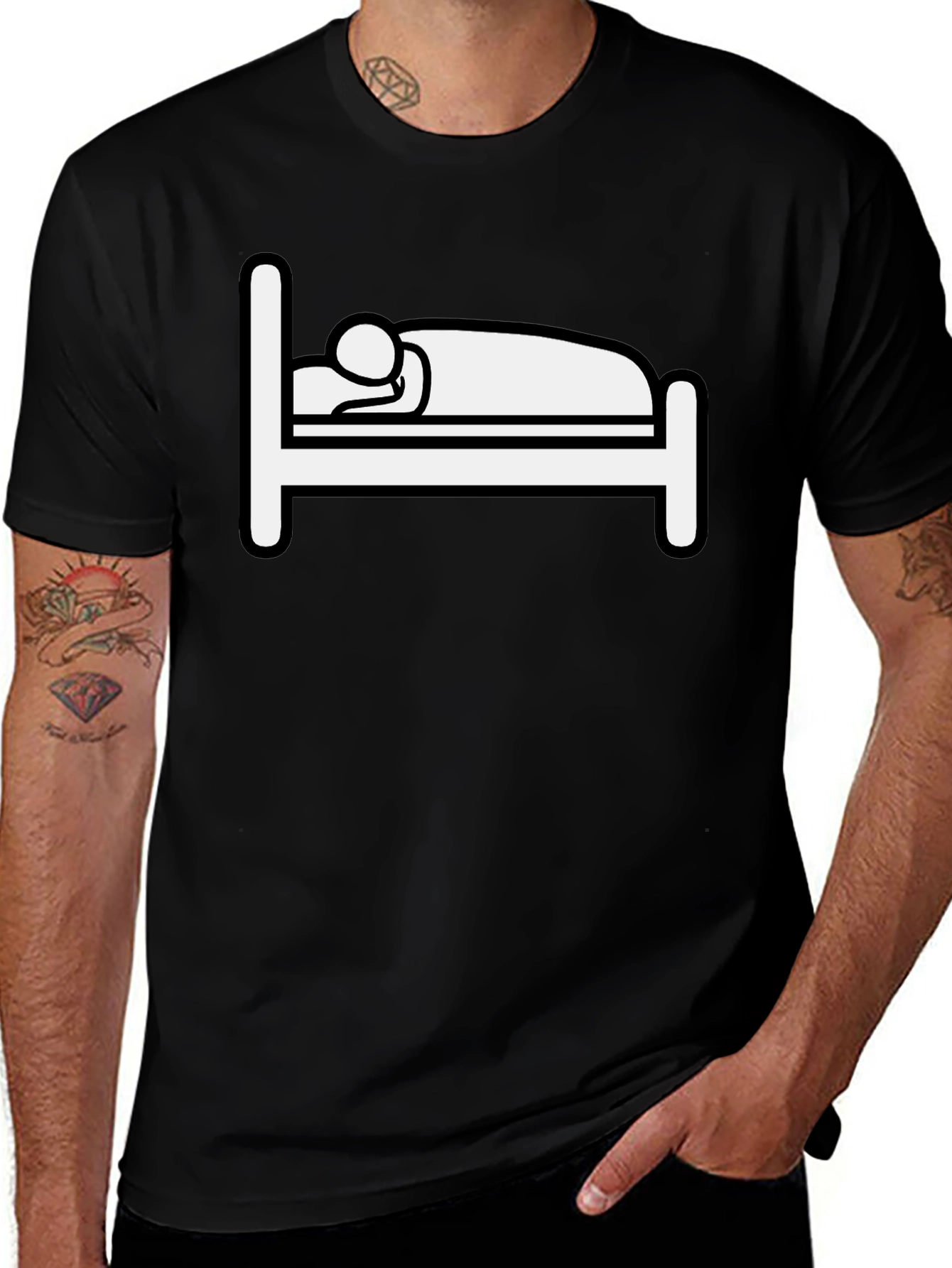 Funny Sleepy Stick Figure Bed Graphic T-Shirt