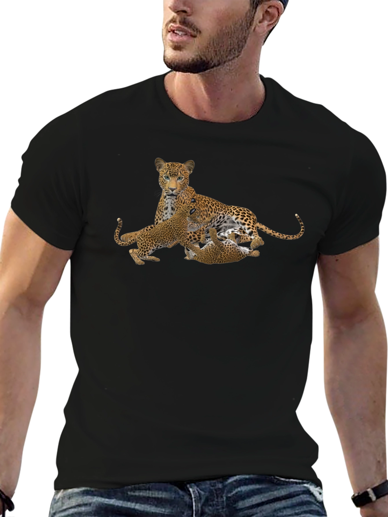 Leopard Family Graphic Tee - Black Cotton Comfort