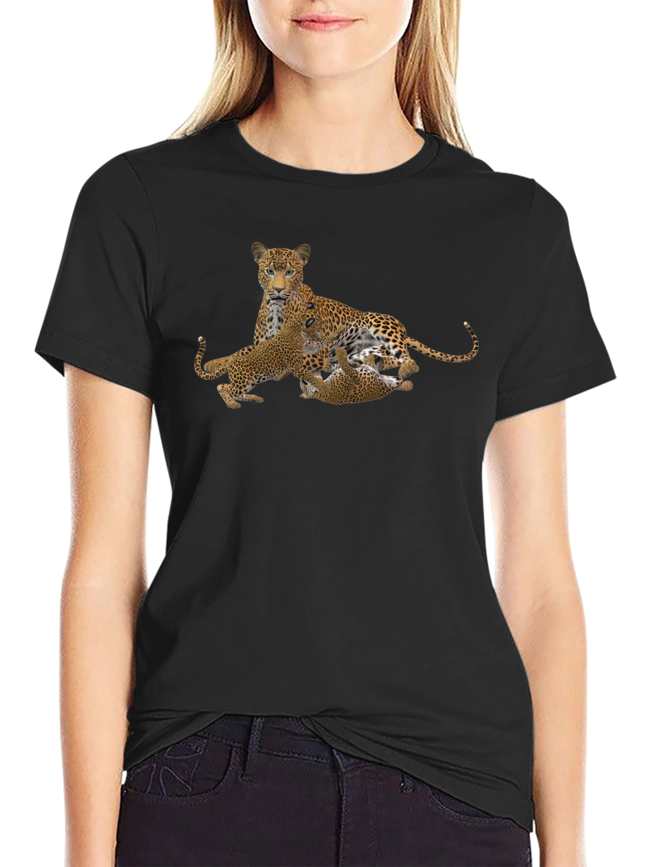 Leopard Family Graphic Tee - Black Cotton Comfort