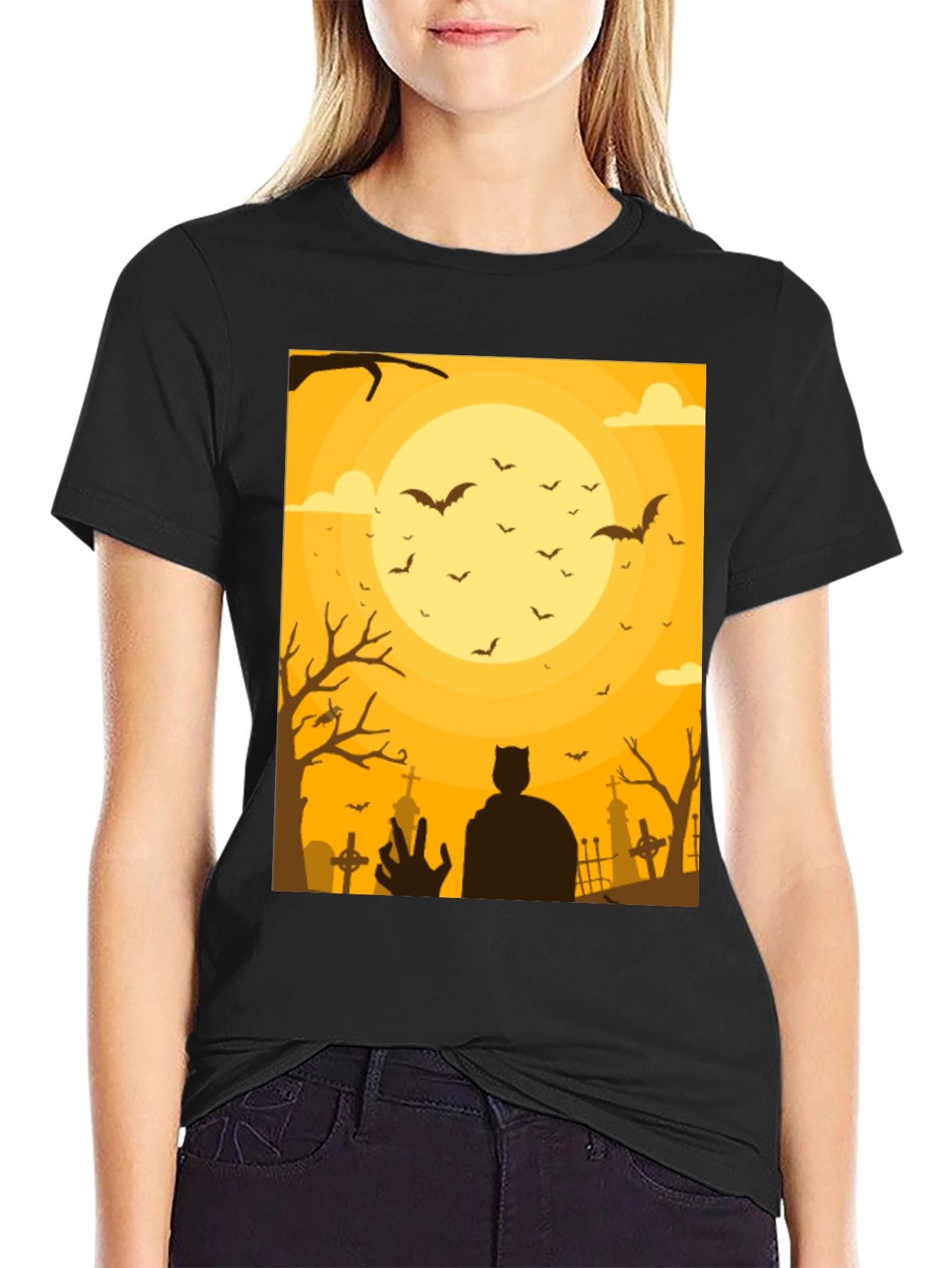 Spooky Halloween T-Shirt Bats Cemetery Design