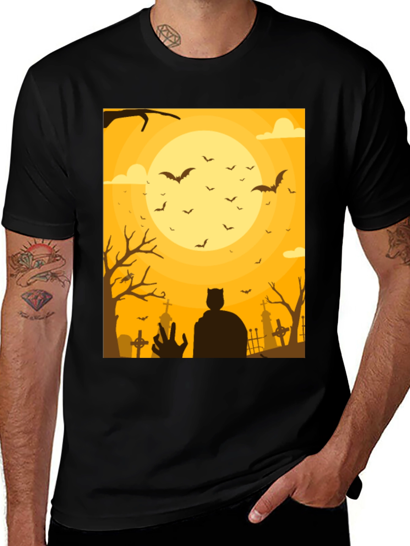 Spooky Halloween T-Shirt Bats Cemetery Design