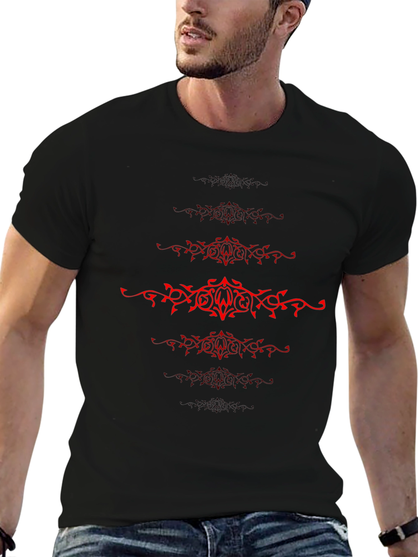 Mens Black T-Shirt with Red Tribal Design