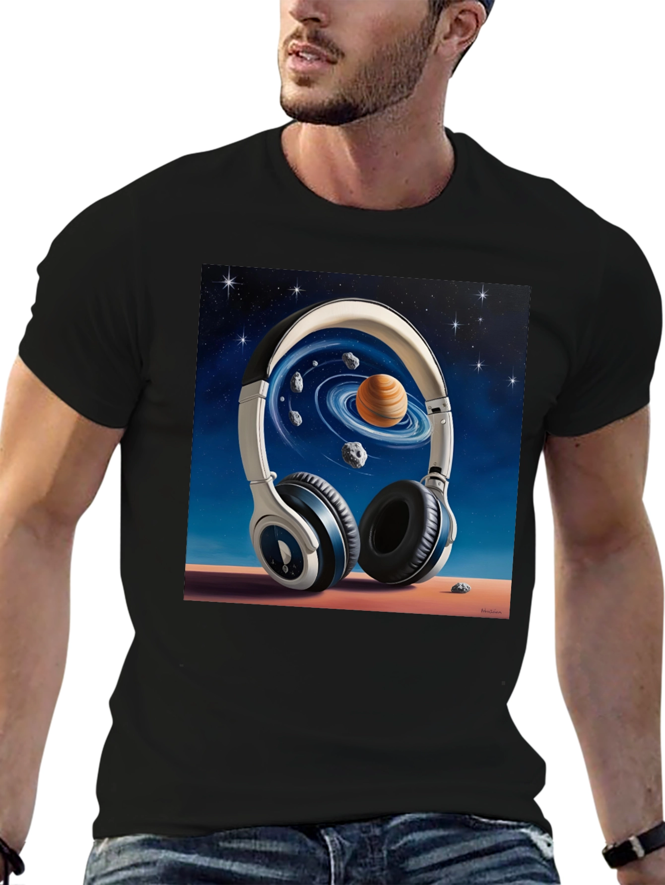 Space Headphones Graphic T-Shirt - Black