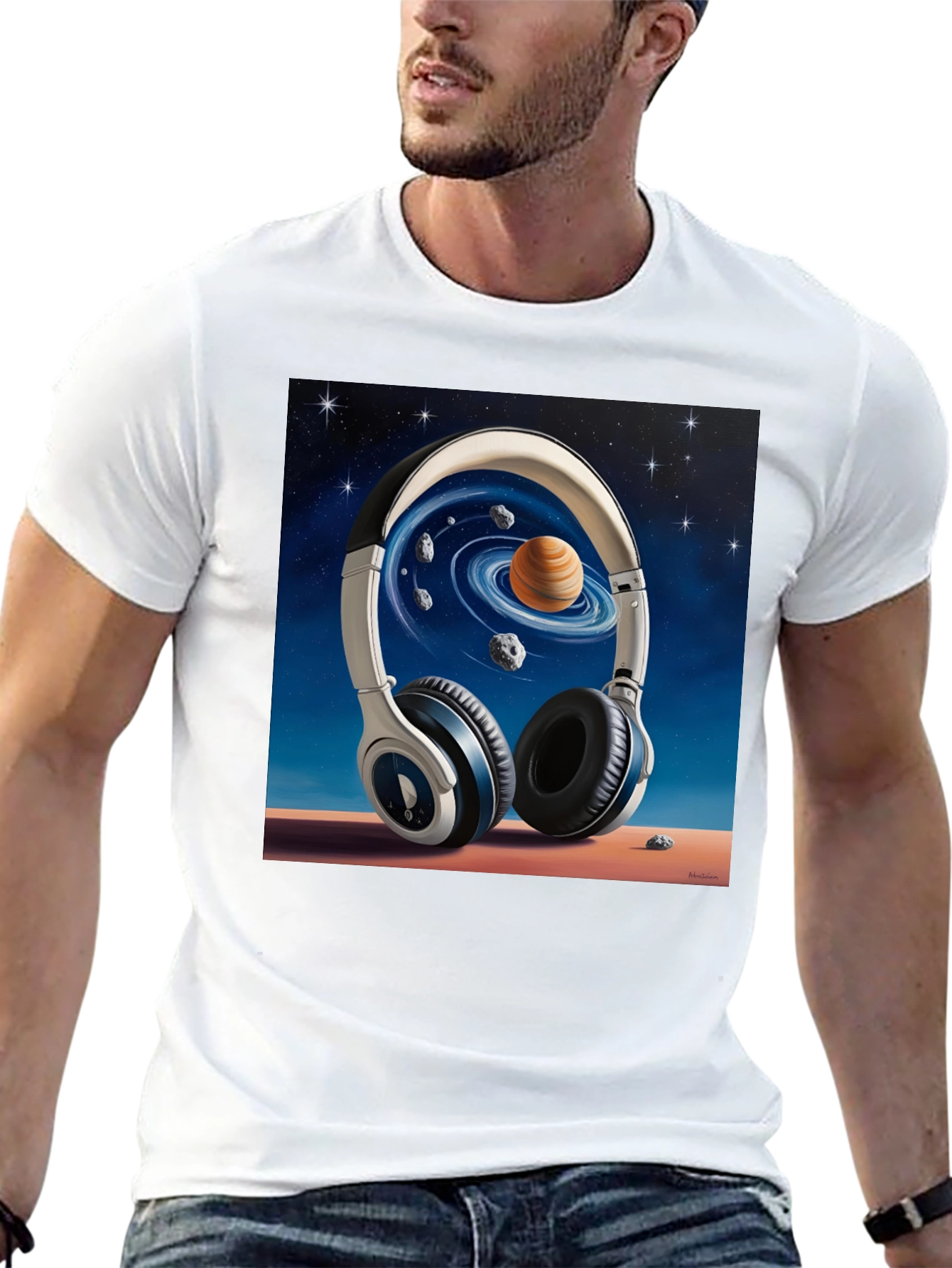 Space Headphones Graphic T-Shirt - Black