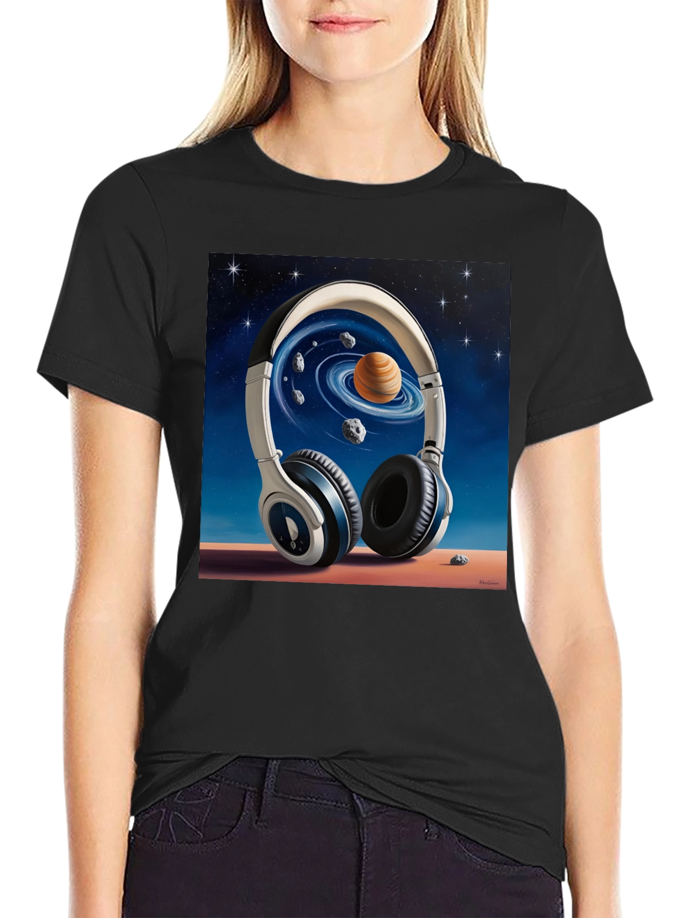 Space Headphones Graphic T-Shirt - Black