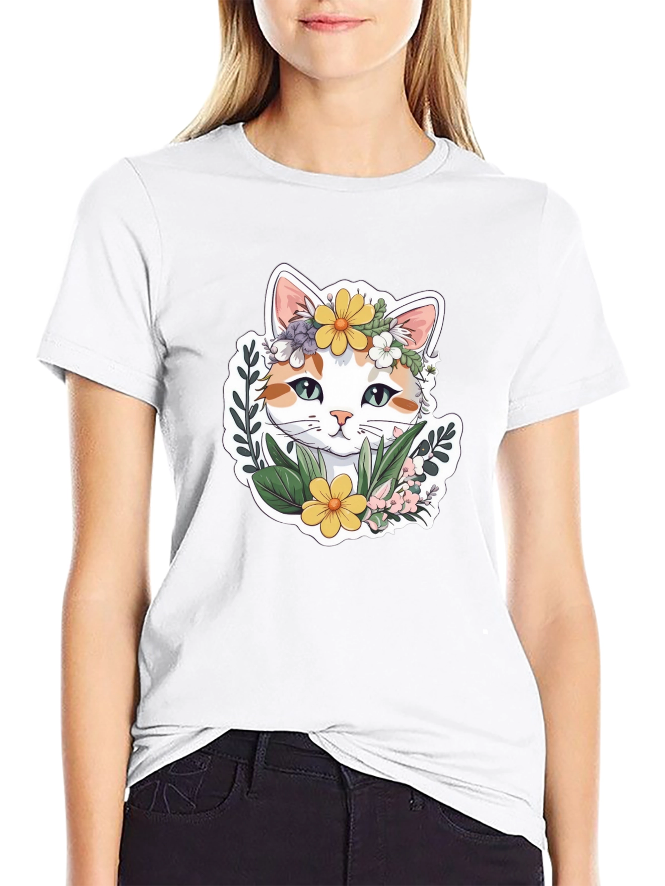 Floral Cat Graphic T-Shirt - Cute Unisex Tee