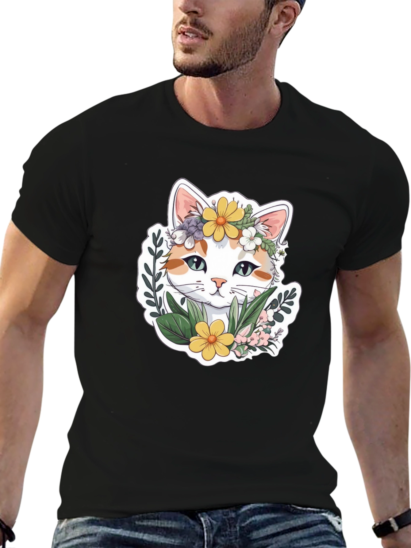 Floral Cat Graphic T-Shirt - Cute Unisex Tee