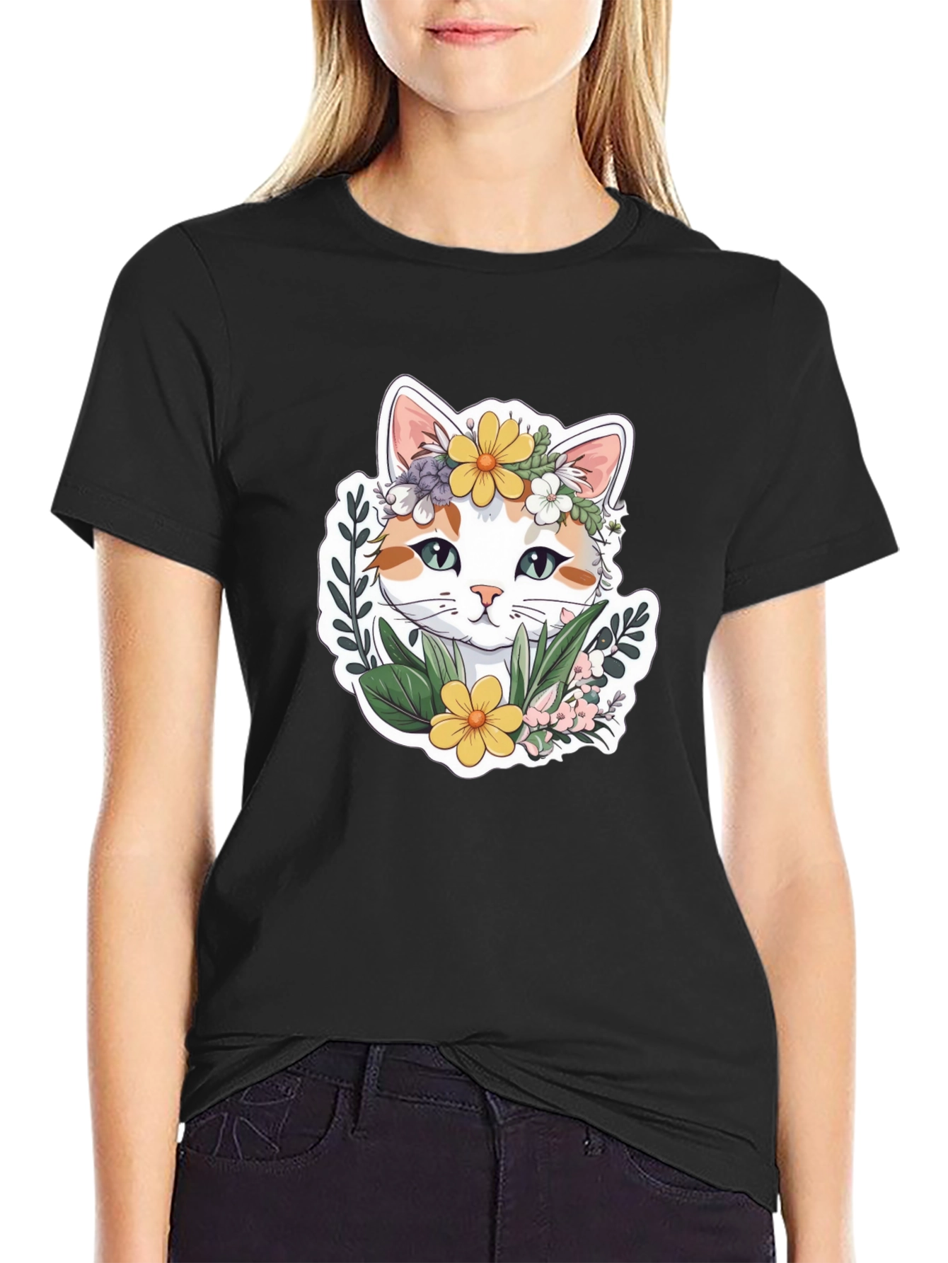 Floral Cat Graphic T-Shirt - Cute Unisex Tee