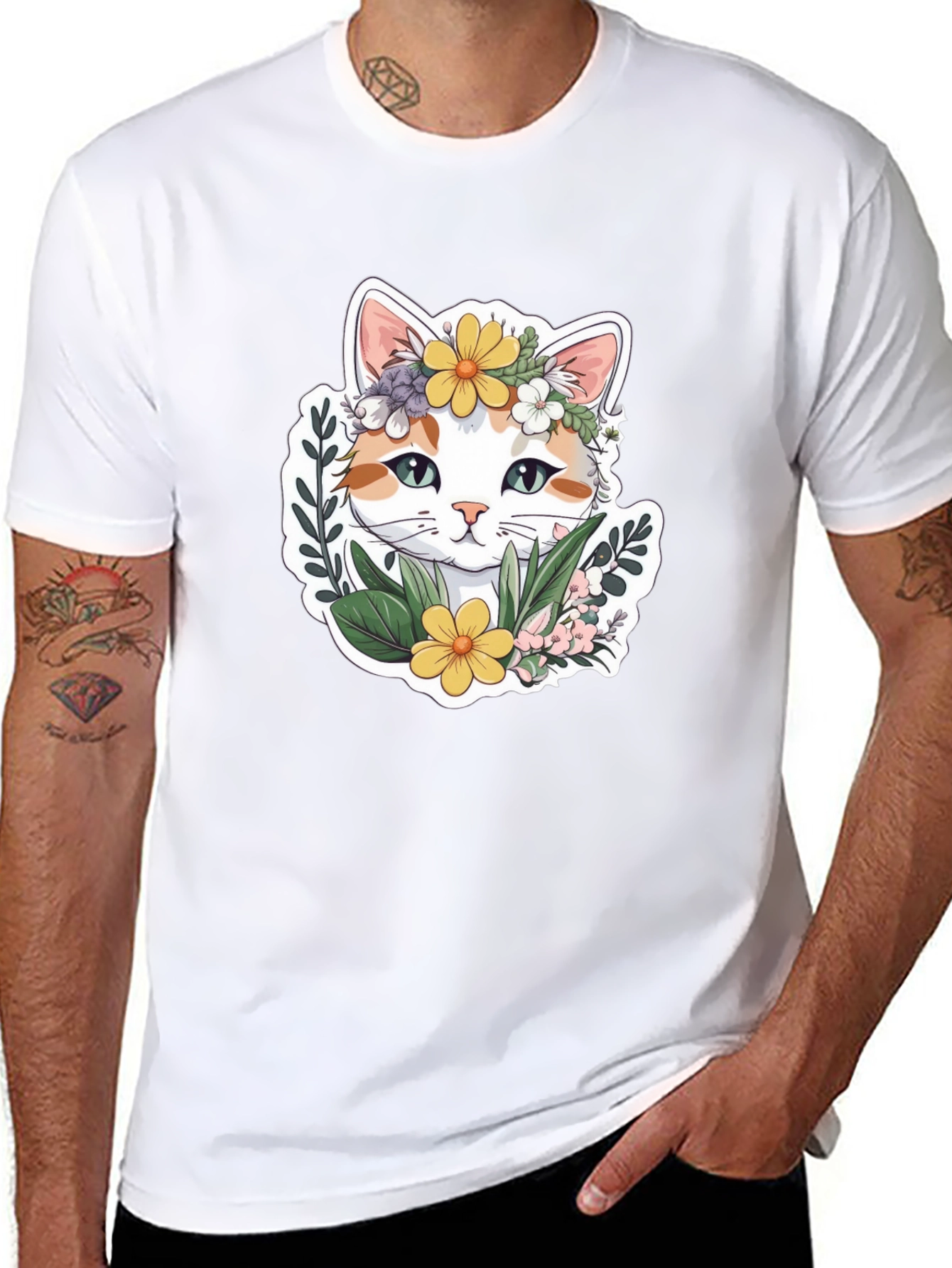 Floral Cat Graphic T-Shirt - Cute Unisex Tee