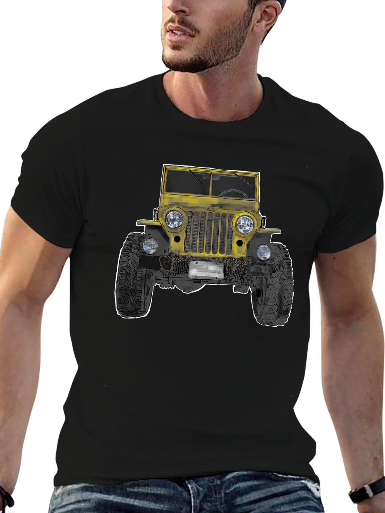 Classic Yellow Jeep Graphic Tee - Black Cotton T-Shirt