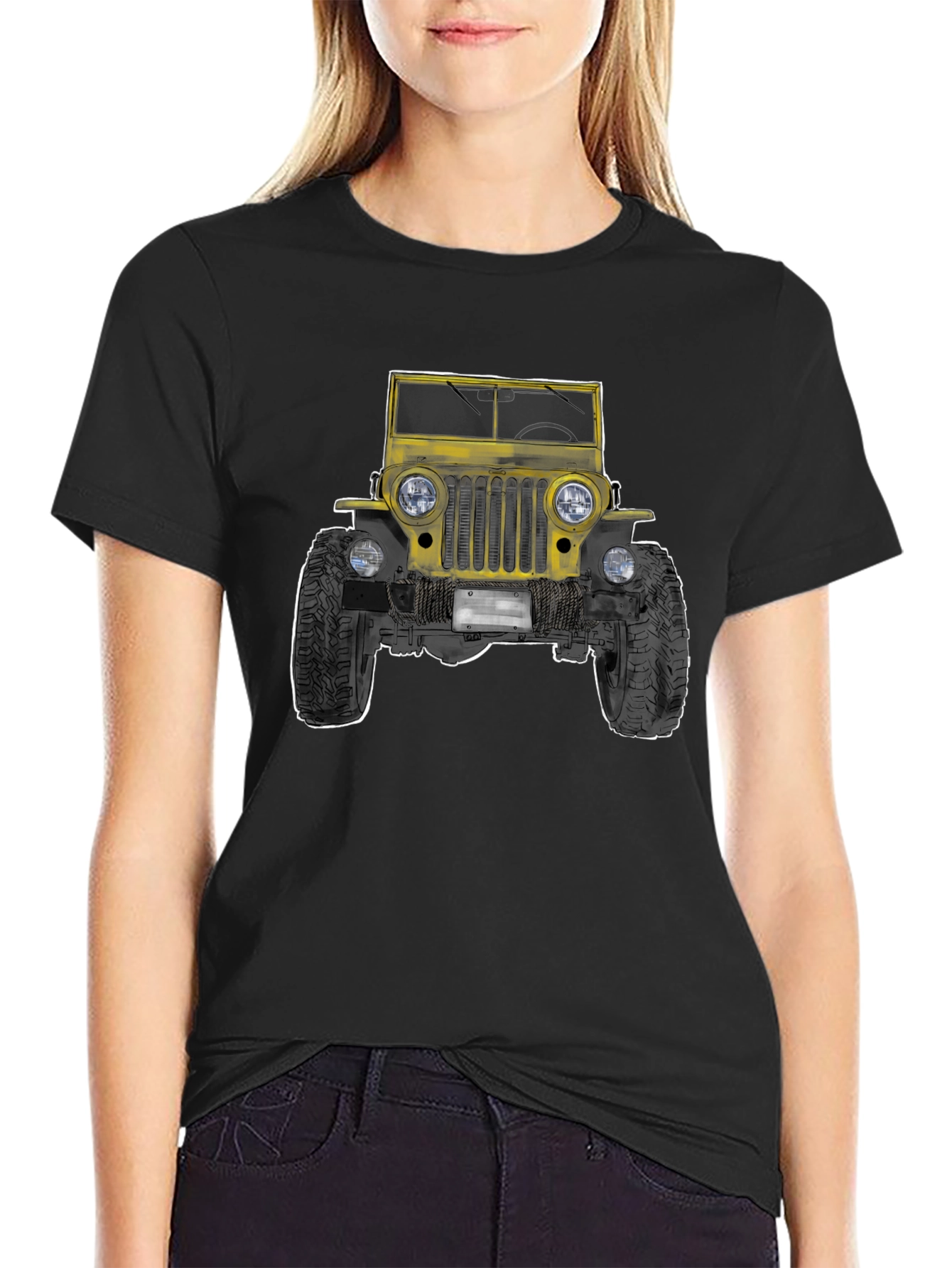 Classic Yellow Jeep Graphic Tee - Black Cotton T-Shirt