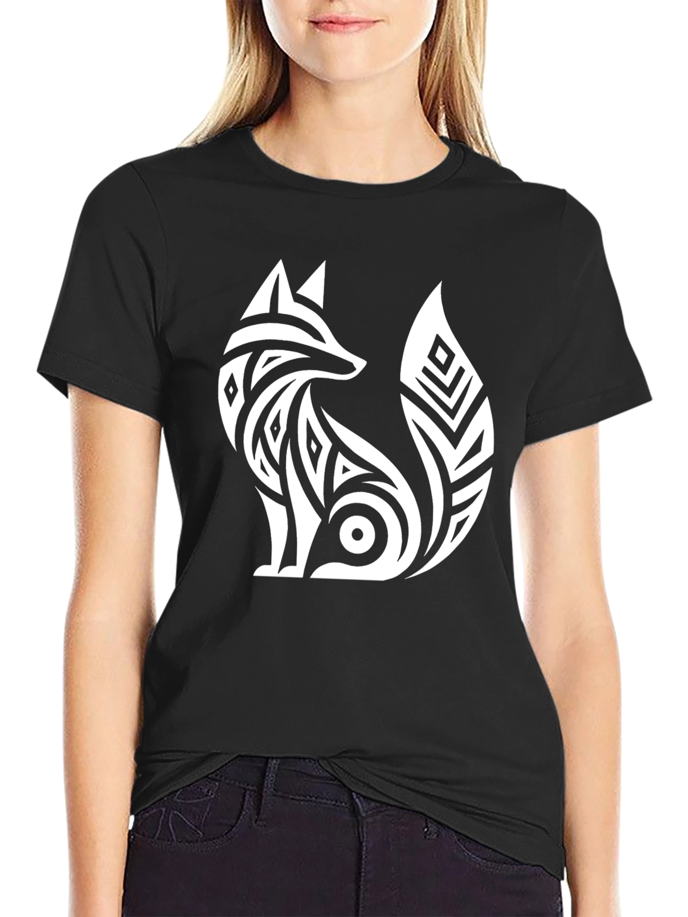 Tribal Fox Graphic T-Shirt - Black