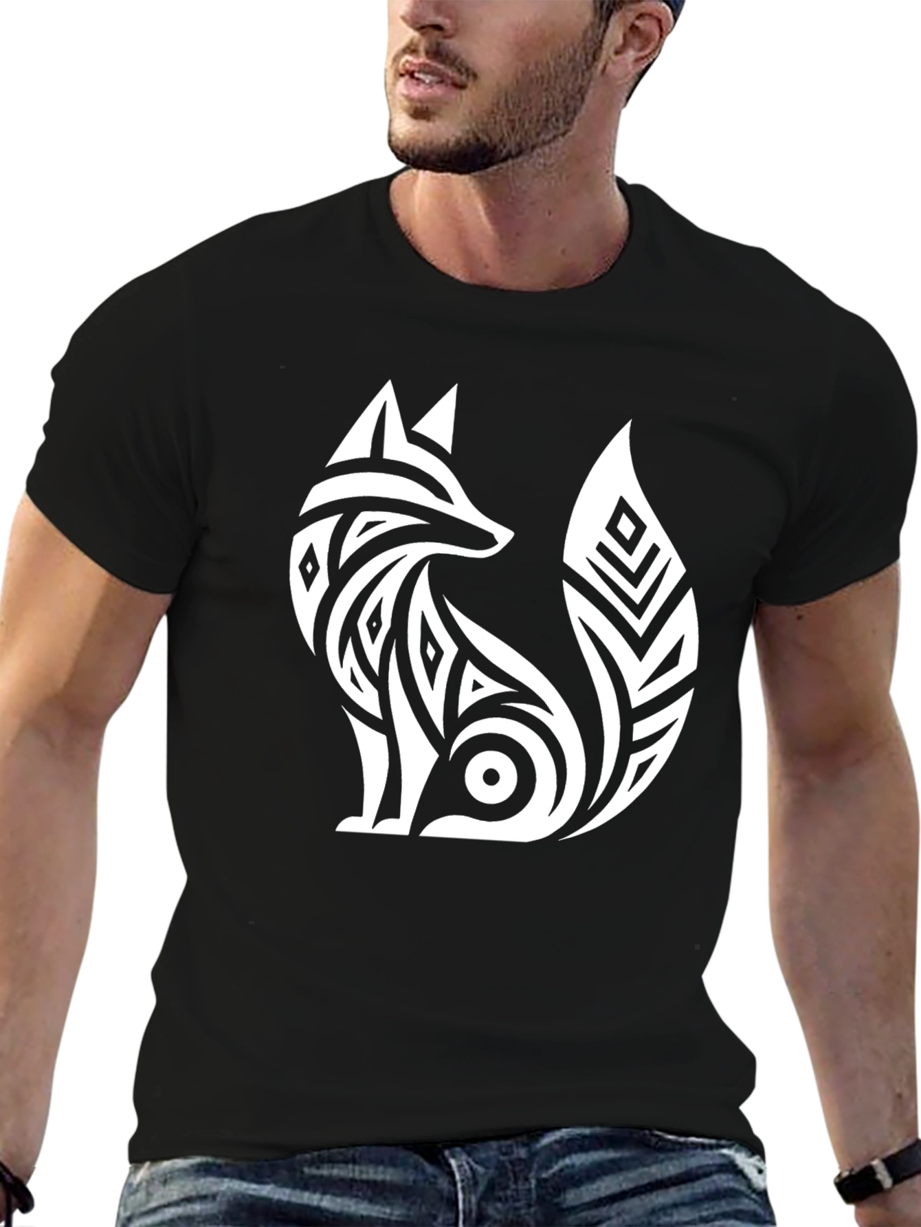 Tribal Fox Graphic T-Shirt - Black