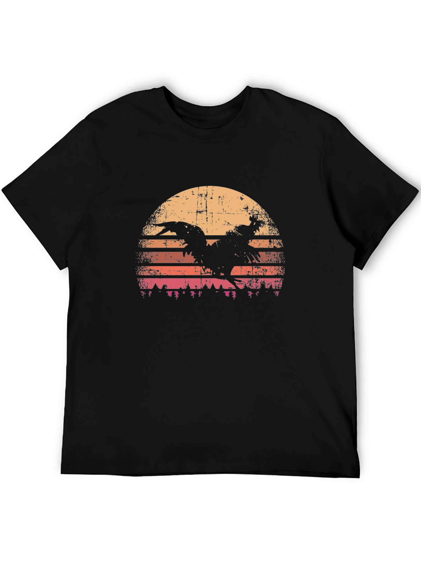 Rooster Sunset Graphic Tee - Retro Style Black T-Shirt