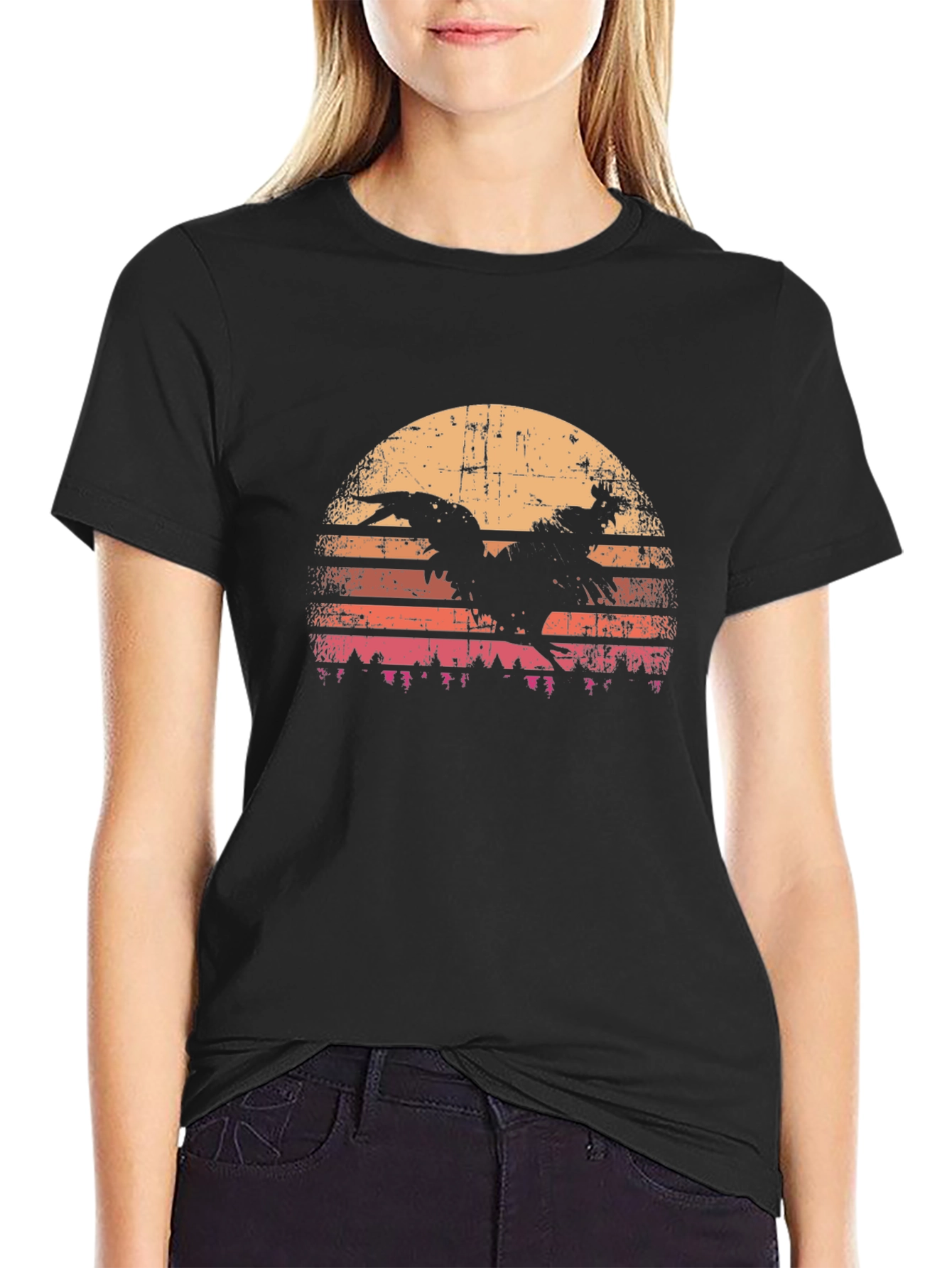 Rooster Sunset Graphic Tee - Retro Style Black T-Shirt