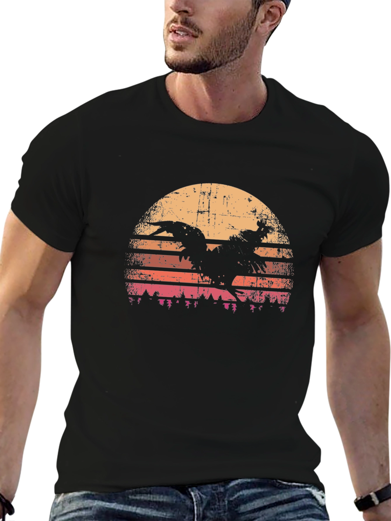 Rooster Sunset Graphic Tee - Retro Style Black T-Shirt