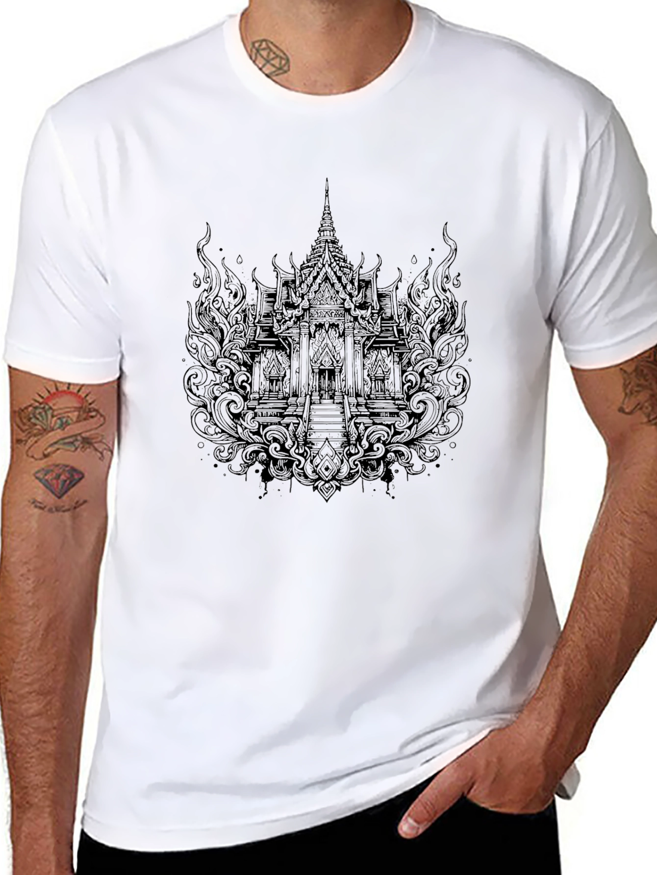 Mens Black Graphic Tee - Temple Design
