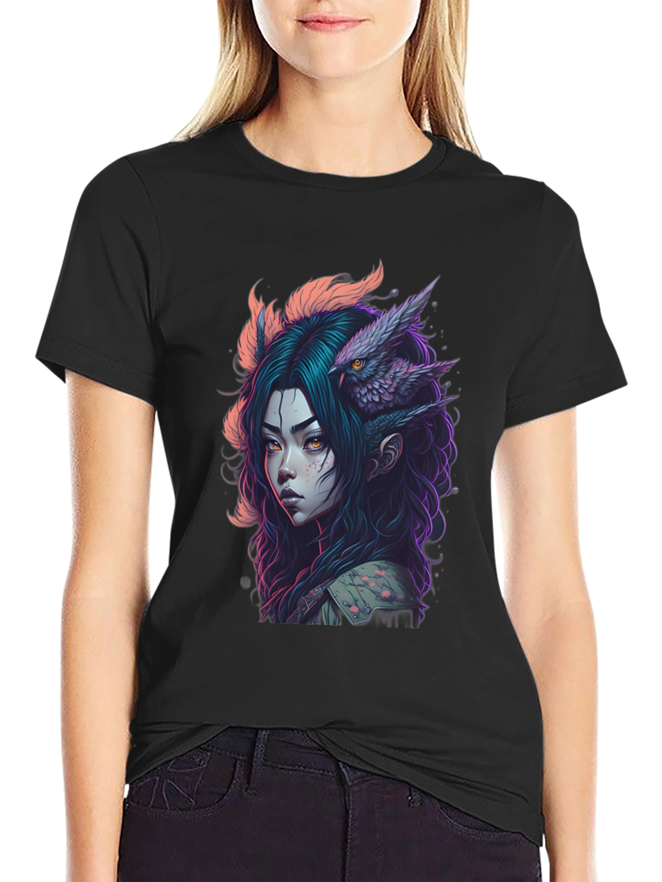 Fantasy Owl Girl Graphic Tee - Black