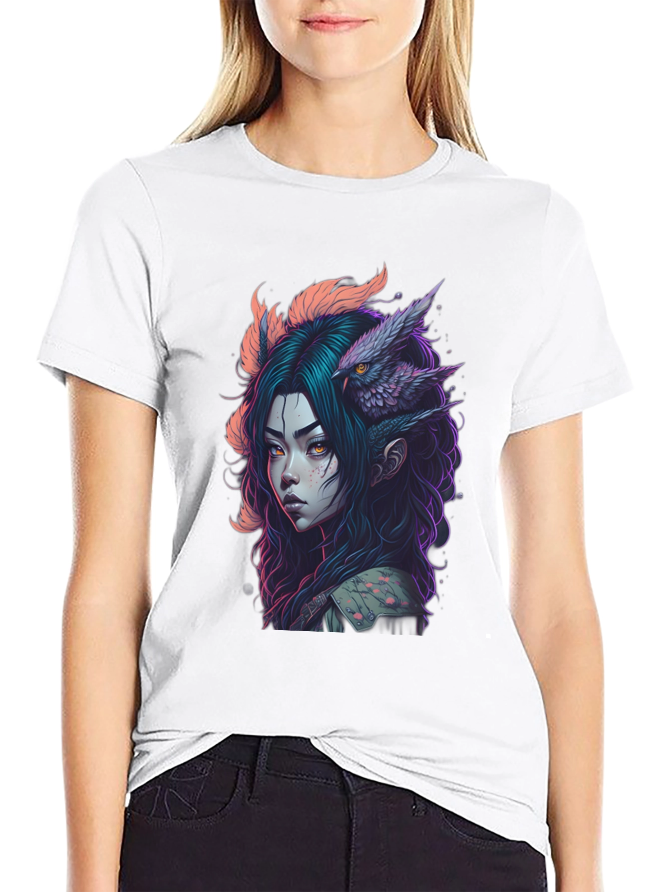 Fantasy Owl Girl Graphic Tee - Black