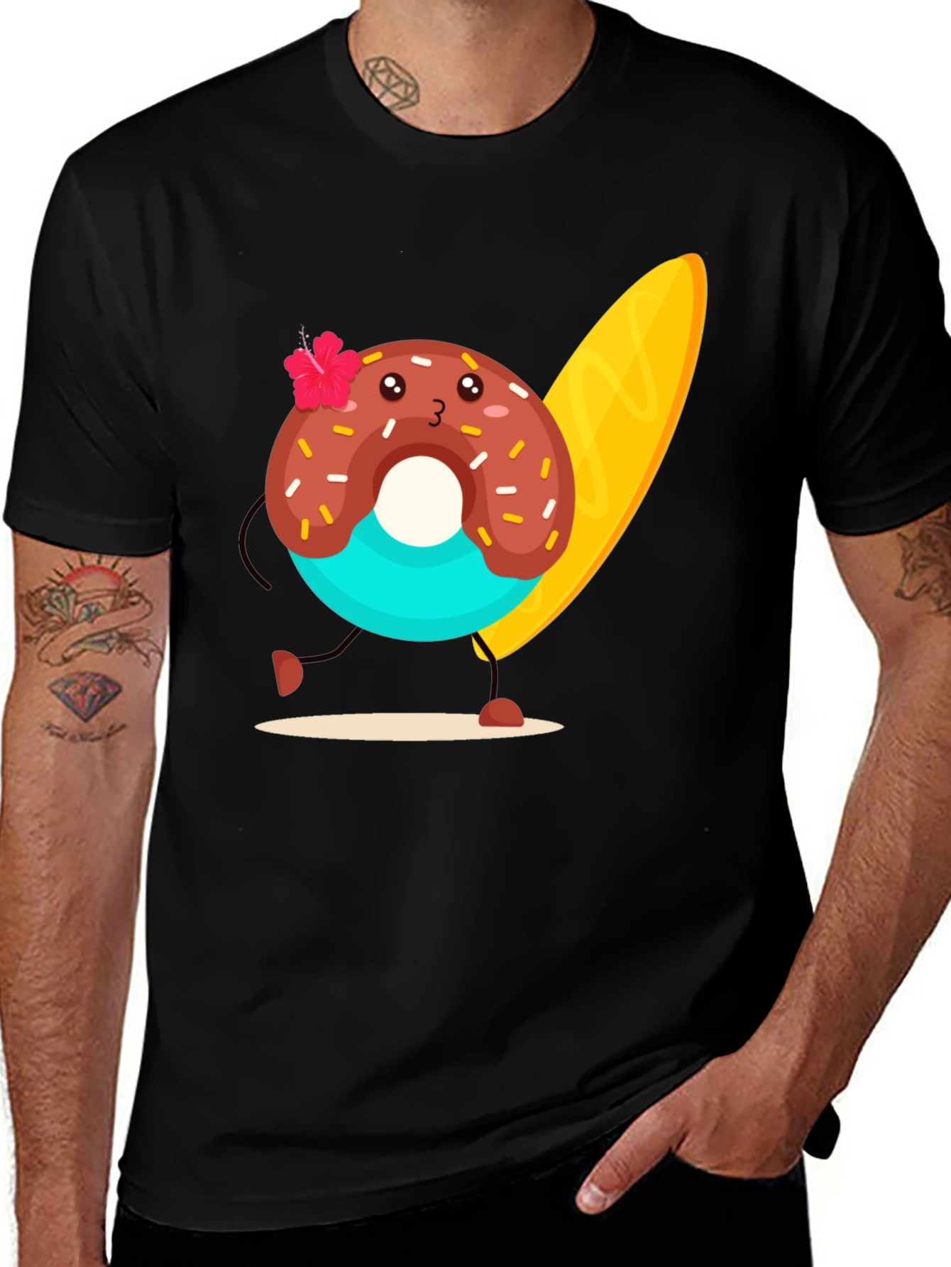 Donut Surfer Graphic Tee - Black Cotton T-Shirt