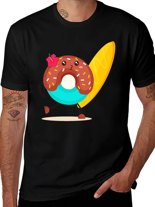 Donut Surfer Graphic Tee - Black Cotton T-Shirt