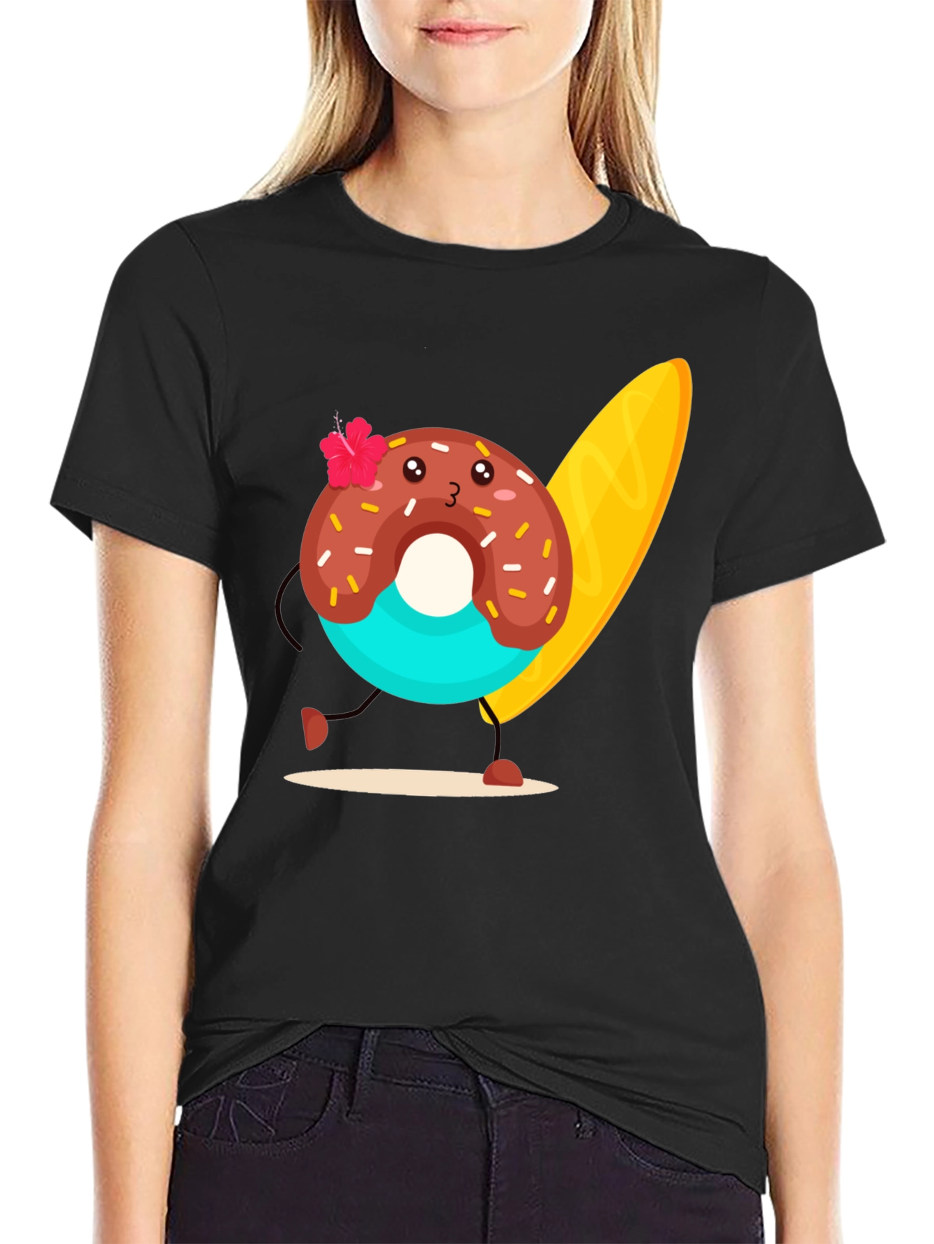 Donut Surfer Graphic Tee - Black Cotton T-Shirt