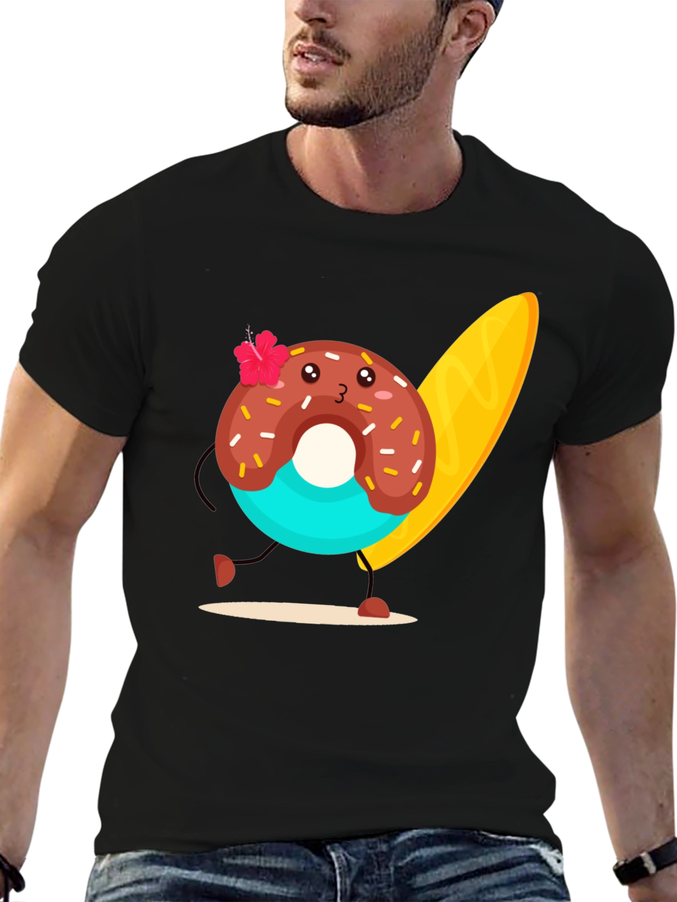Donut Surfer Graphic Tee - Black Cotton T-Shirt