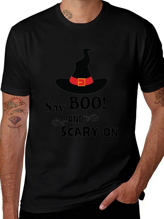 Halloween Witch Hat Tee - Say Boo! Scary On - Black Cotton Shirt