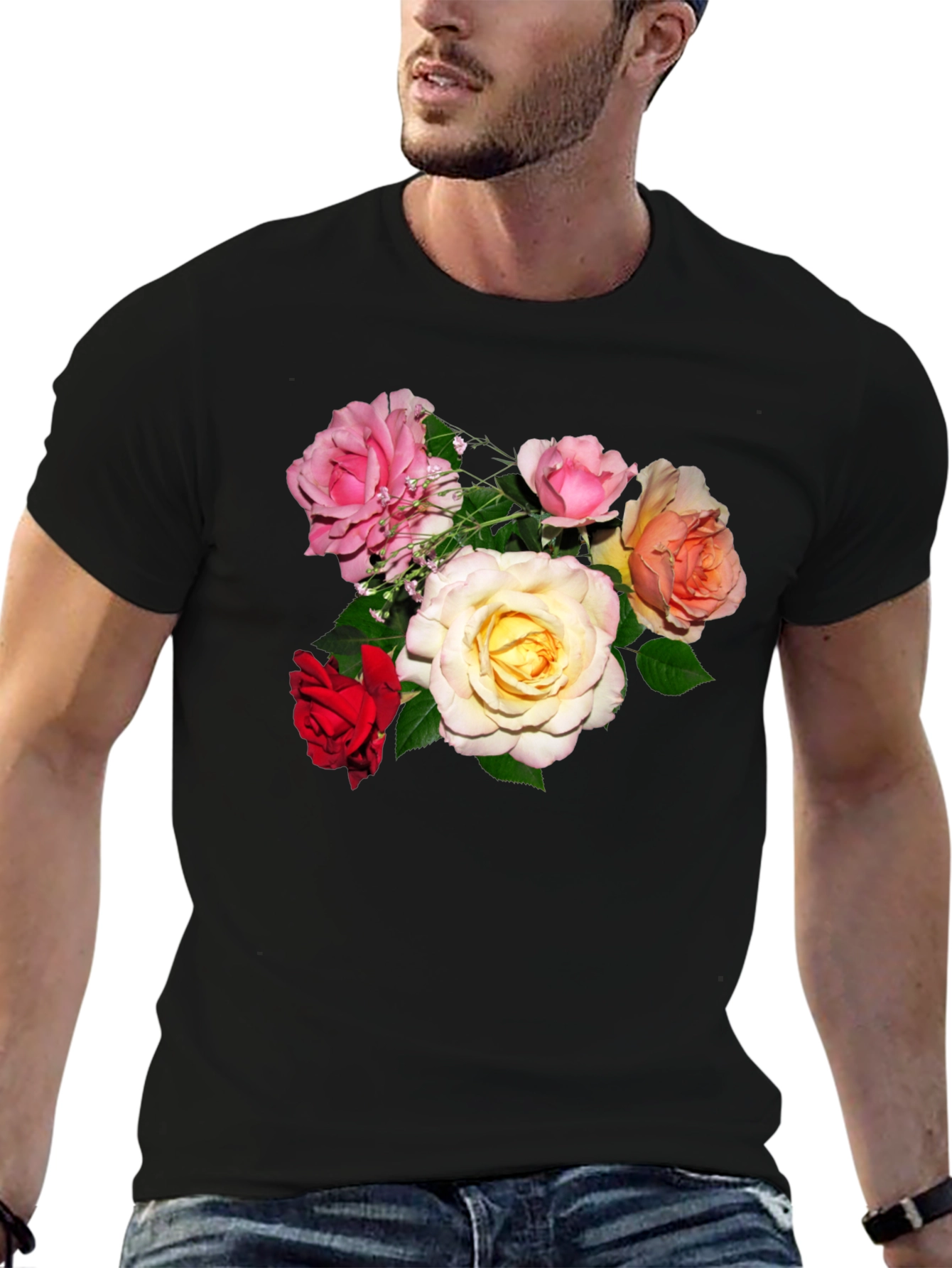 Floral Print Mens Black T-Shirt