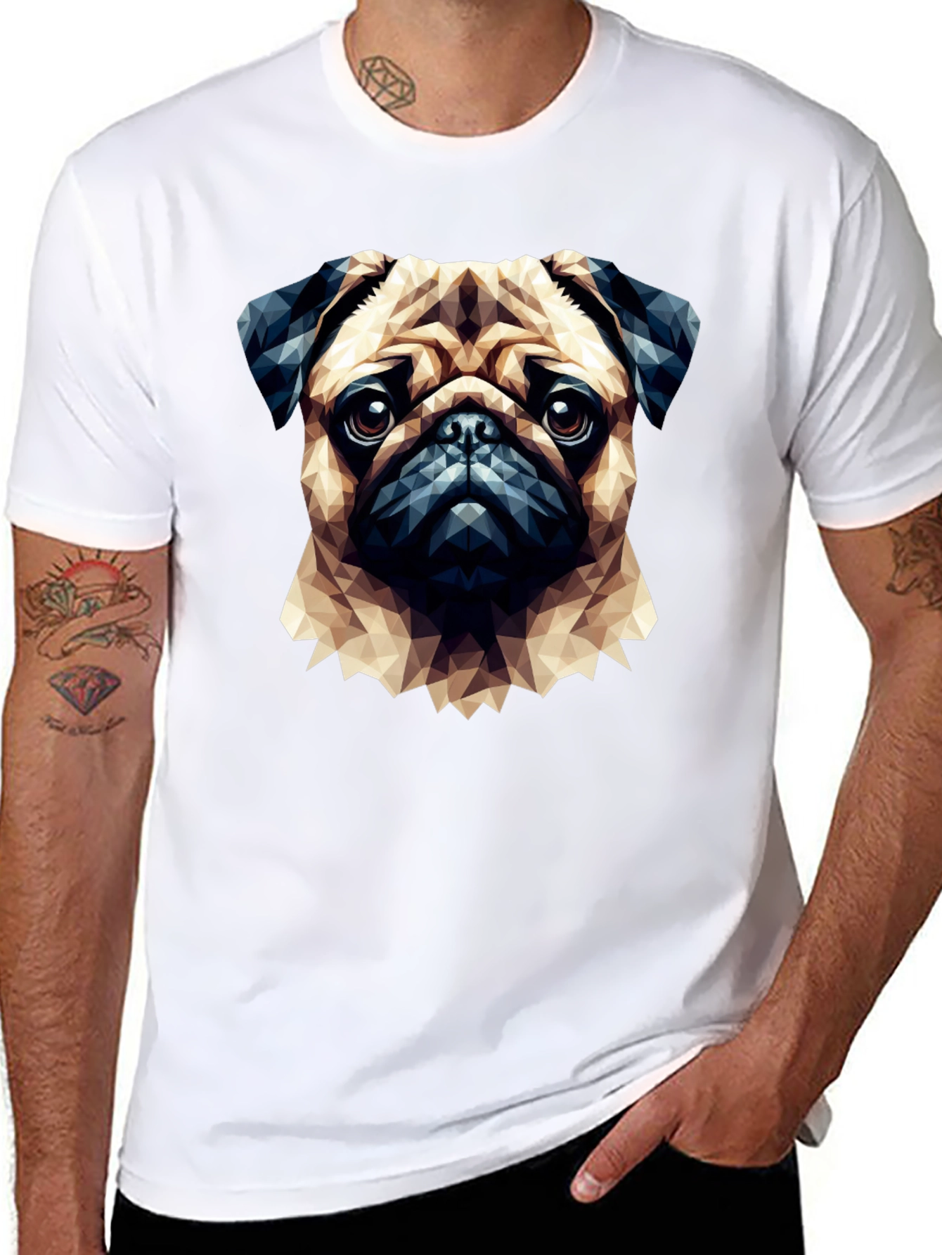 Geometric Pug Graphic T-Shirt - Casual Cotton Tee
