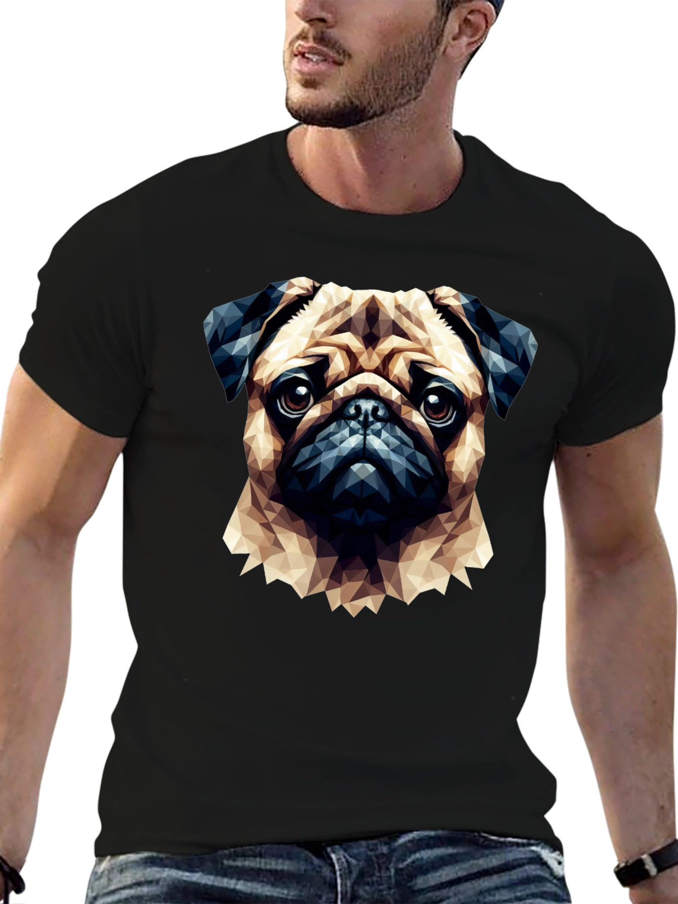 Geometric Pug Graphic T-Shirt - Casual Cotton Tee