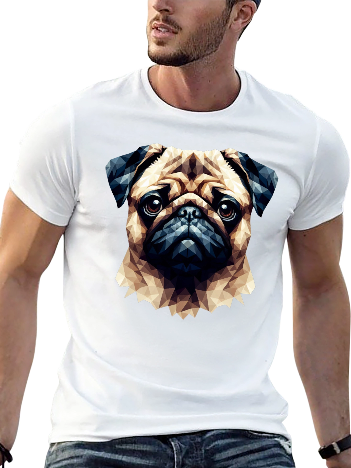 Geometric Pug Graphic T-Shirt - Casual Cotton Tee