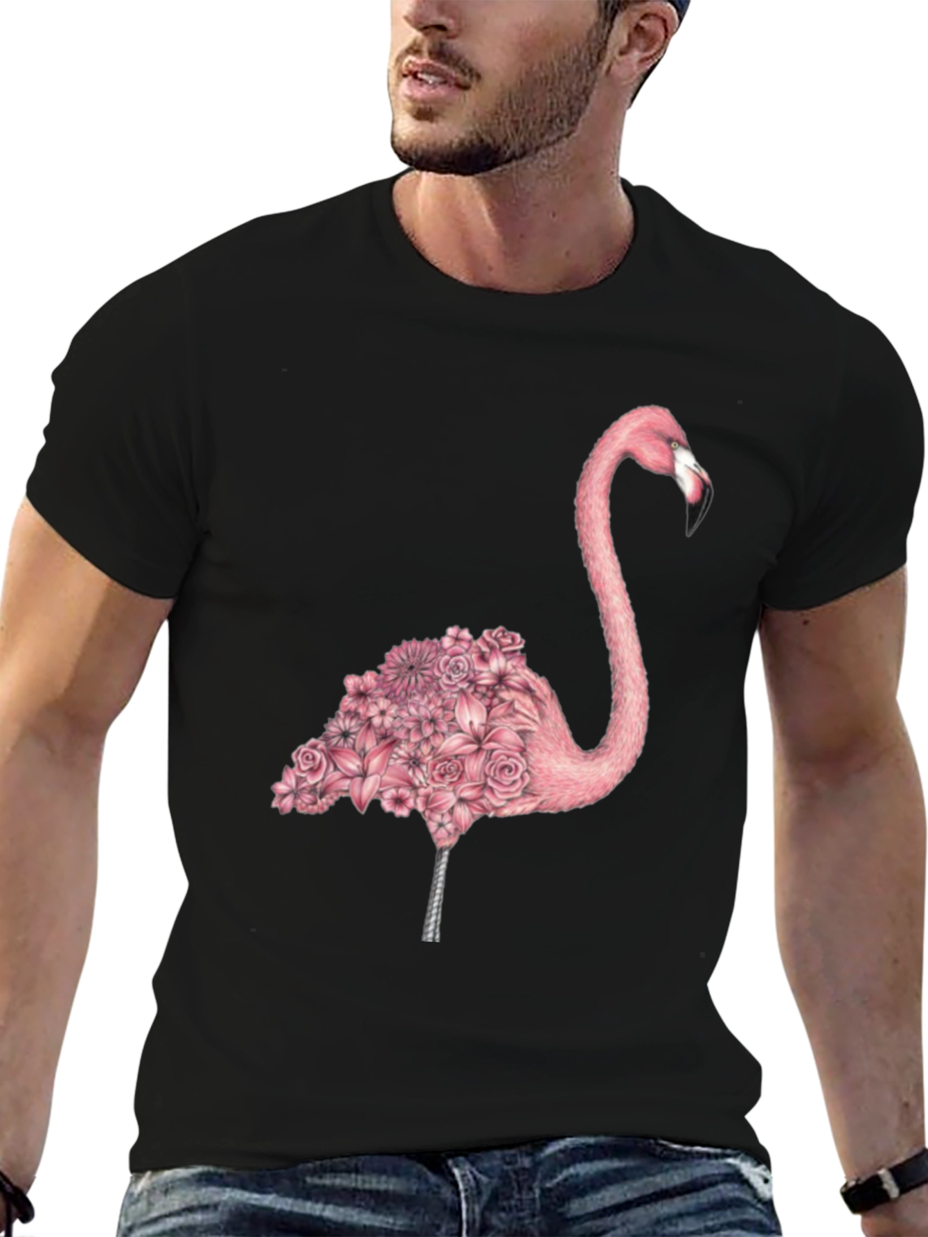 Floral Flamingo Graphic Tee - Mens Black T-Shirt